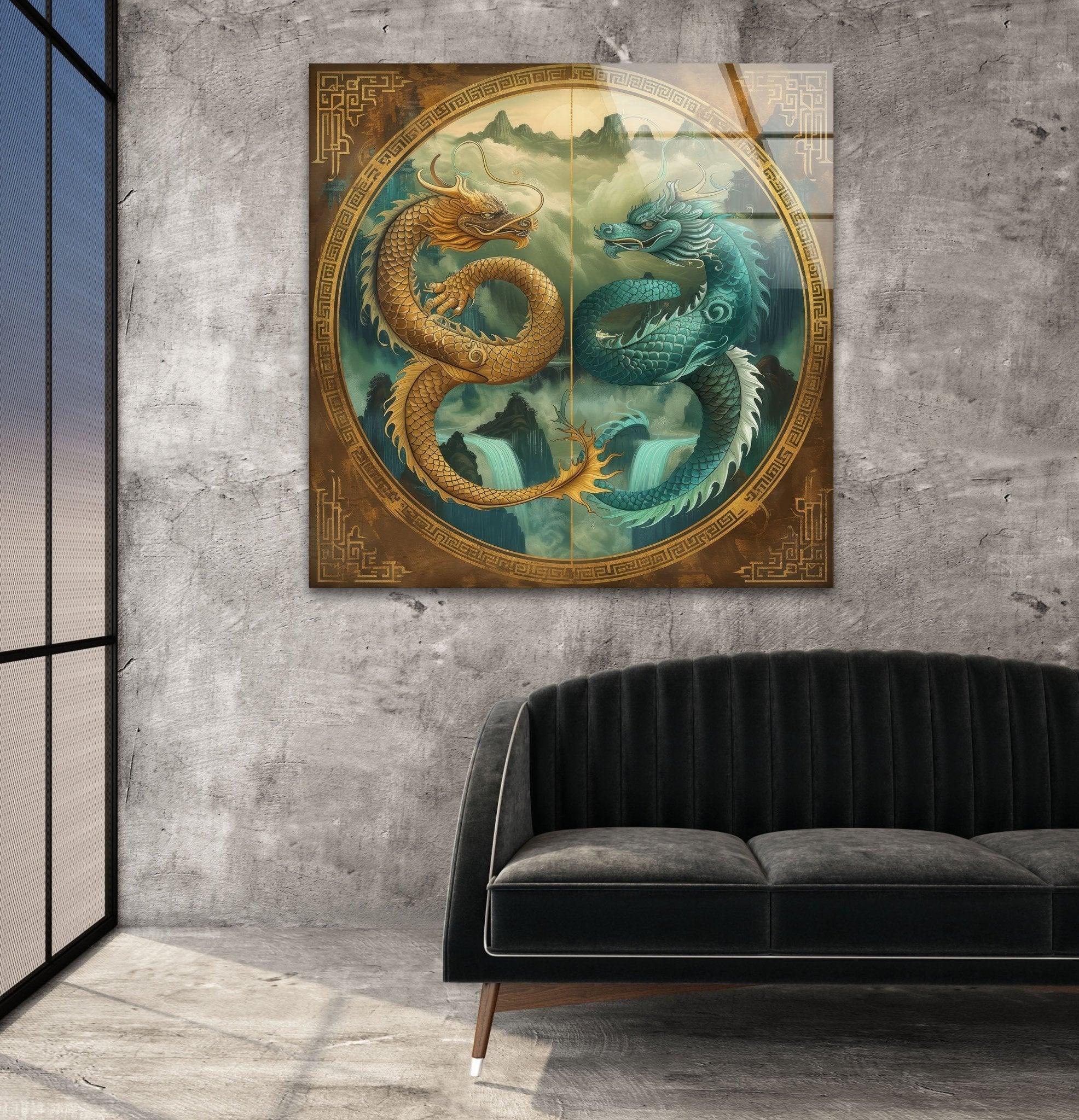 Ao Kuang & Ao Shun Chinese Dragon Glass Wall Art - Elegant Home Decor for Living Room, Bedroom, or Office