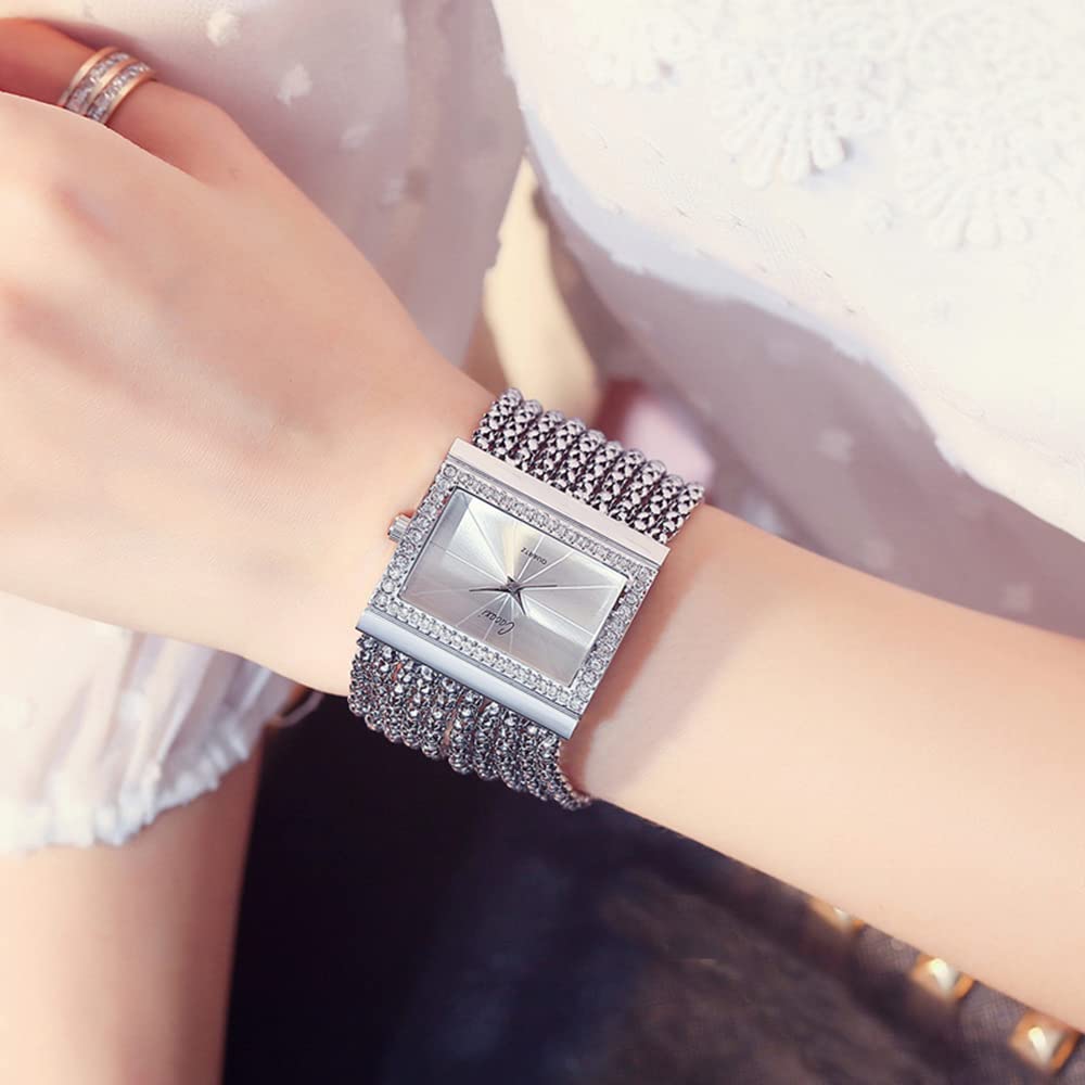 Gosasa Elegant Women's Watches - Fashion Tassel Bracelet Watch with Golden Diamond Accents, Square Face Quartz Watch for Women, Stainless Steel Wide Chain Band | Perfect for Office, Party & Everyday Wear