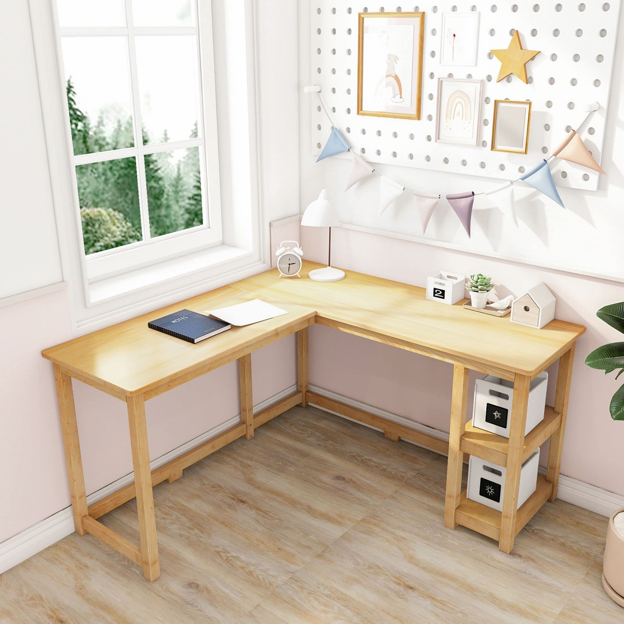Max & Lily L-Shaped Corner Desk for Home Office & Gaming - 55 x 55 Inch Computer Desk with Storage Shelves - Natural Wood Study Desk for Small Spaces & Workstations