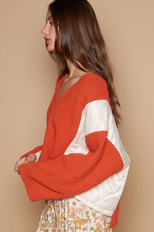 Stylish POL Cable Knit Quilting Patch V-Neck Contrast Sweater for Women | Cozy Winter Pullover | Perfect for Office Wear, Casual Outings & Holiday Gatherings