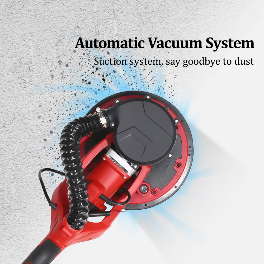 1250W Electric Drywall Sander with Dust-Free Vacuum System - 5 Variable Speed, Double-Deck LED Lights, Includes 12 Sanding Discs - Perfect for Home Renovation, Wall Repair & Professional Construction Projects