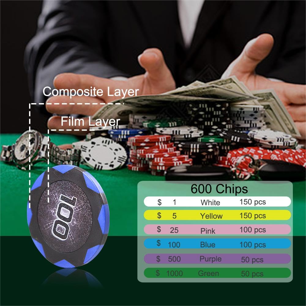 THUNDERBAY 600-Piece Texas Hold'em Poker Chip Set with Aluminum Case - 14g Casino Chips, 6 Card Decks, 5 Dice, 3 Dealer Buttons, Felt Mat, Card Shuffler & Shoe for Blackjack - Perfect for Home Games, Casino Nights & Poker Tournaments
