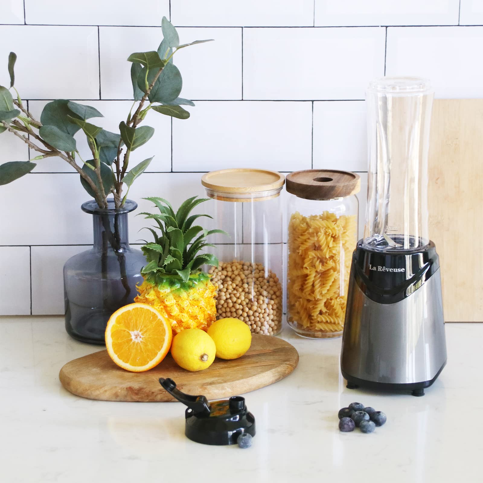 La Reveuse 300W Personal Smoothie Blender with 2 BPA-Free 18oz Travel Bottles - Compact Grey Blender for Protein Shakes, Meal Prep & On-the-Go Smoothies