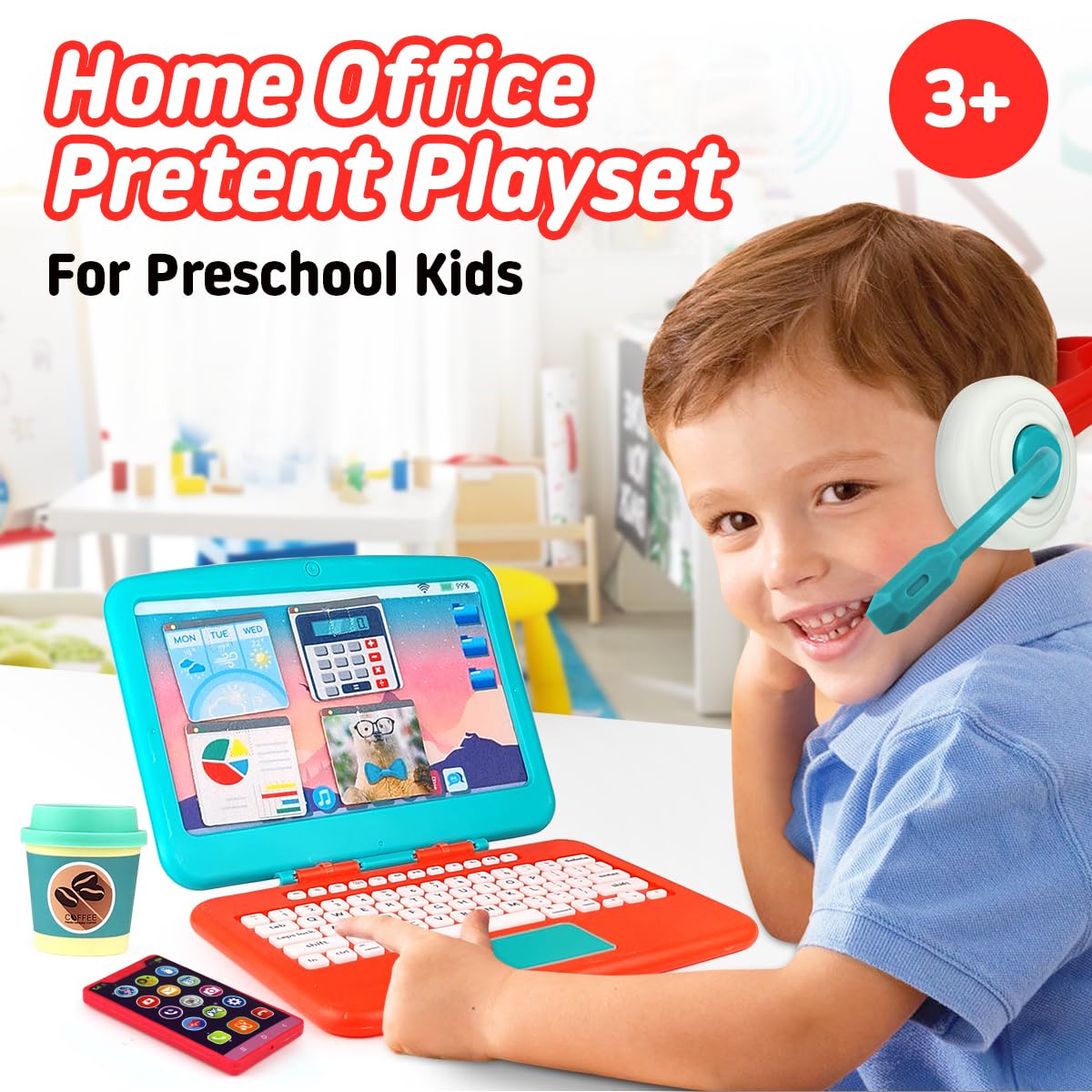 Kids Pretend Play Workstation Set - Toy Office Play Set with Fake Laptop, Toy Phone, Coffee Cup & Headset for Toddlers Ages 3+ | Perfect for Imaginative Play, Role Playing & Early Learning Development