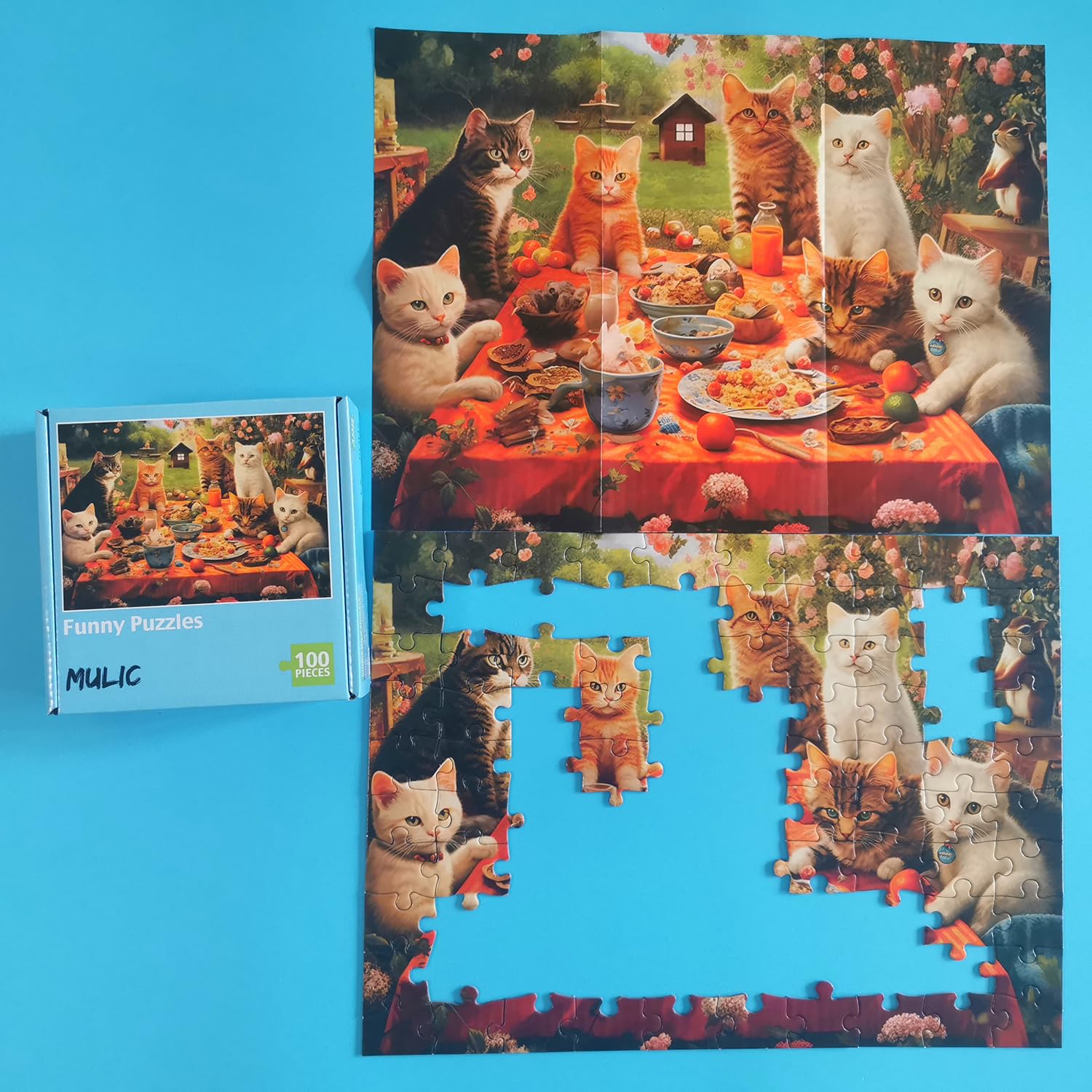 100-Piece Jigsaw Puzzle for Adults & Kids Ages 6-12 - Cute Cat Puzzle with Picnic Theme - Perfect for Family Game Night & Educational Playtime
