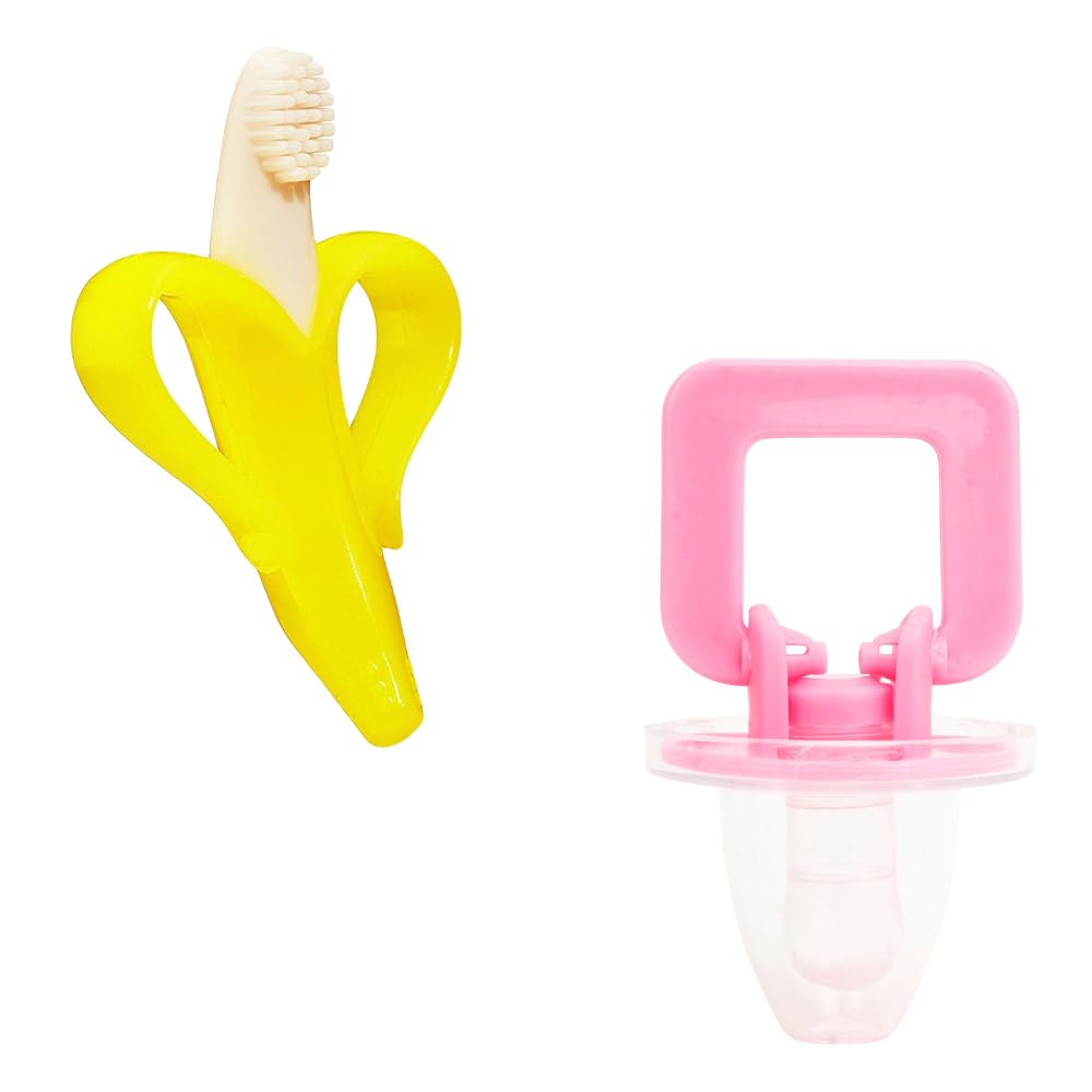 Joy Buzz Banana Shape Baby Brush & Pacifier Set - Soft Silicone Teething Toy for Infants | BPA-Free, Non-Toxic & Easy to Clean | Perfect for Soothing Sore Gums & Oral Care (Yellow & Pink) | Ideal for Home, Travel & Daycare Use