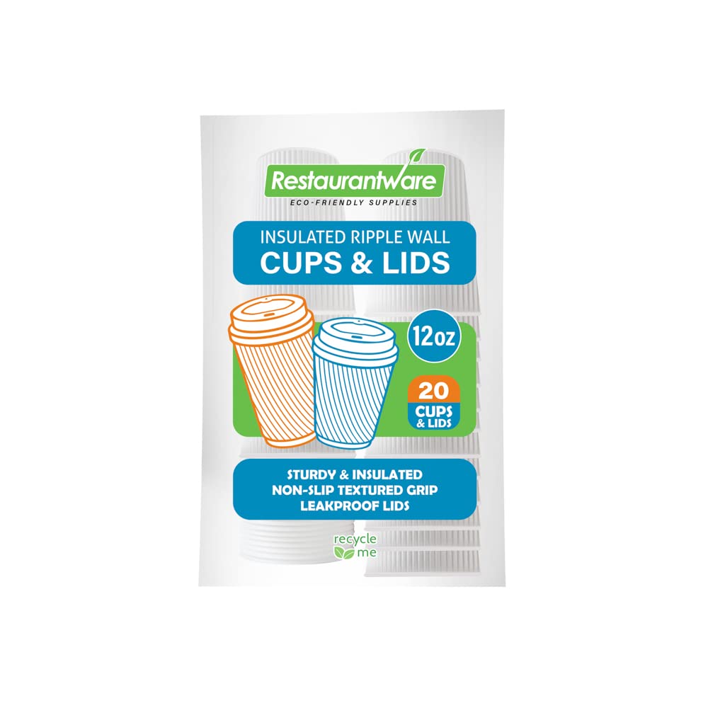 12oz Insulated Coffee Cups with Lids - 20 Pack Leakproof Disposable Hot Cups for Tea, Hot Chocolate & Lattes | Non-Slip Ripple Wall Design | Perfect for Coffee Shops, Offices & Catering Events