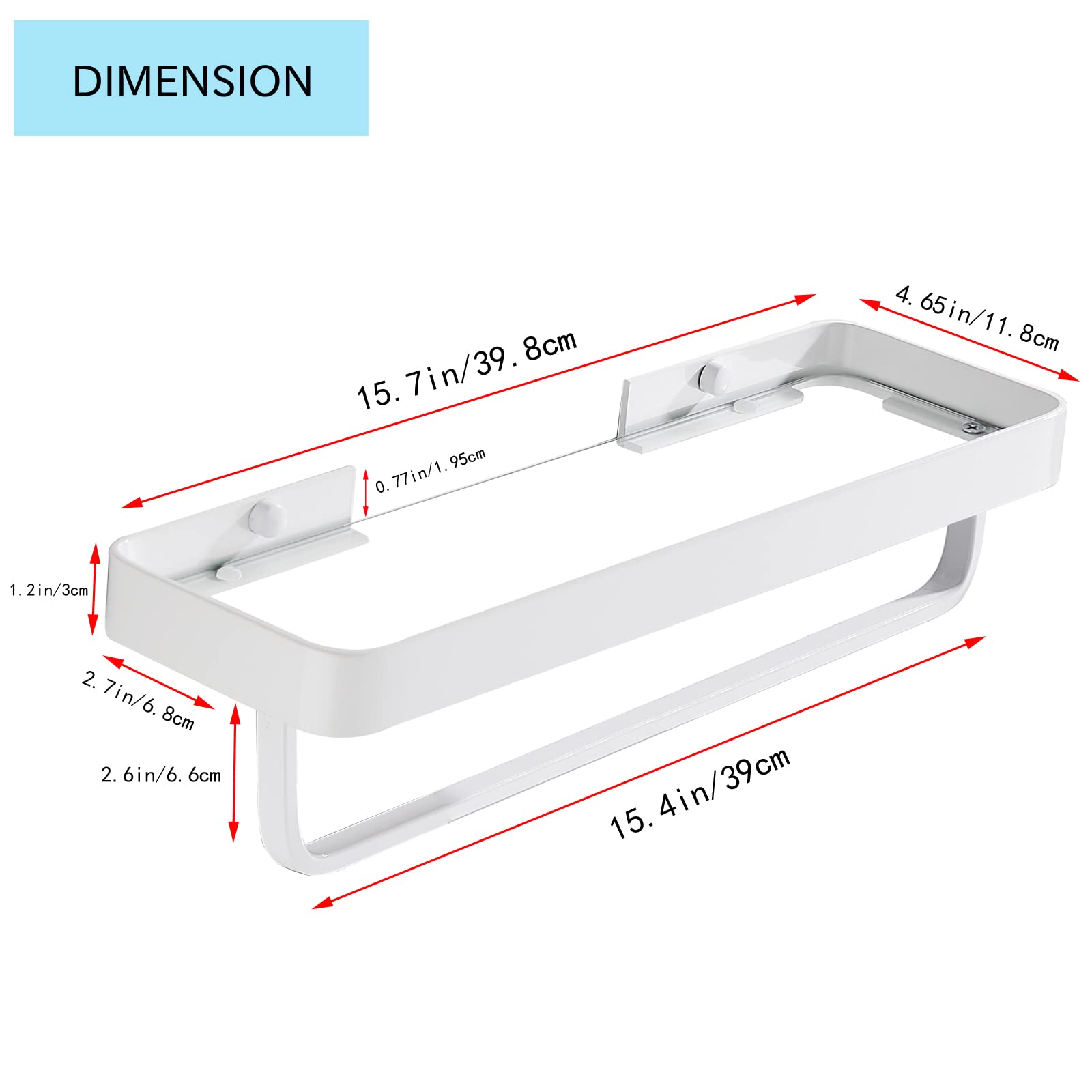 15.7 Inch Wall Mounted Bathroom Glass Shelf with Towel Bar - Modern Shower Organizer & Kitchen Spice Rack - White Rectangular Over Toilet Storage for Bathroom, Kitchen & Vanity Decor