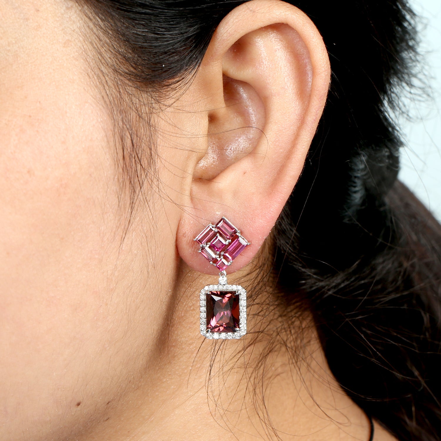18K White Gold Baguette Cut Pink Tourmaline Pave Diamond Dangle Earrings - Elegant Designer Jewelry for Weddings & Evening Parties