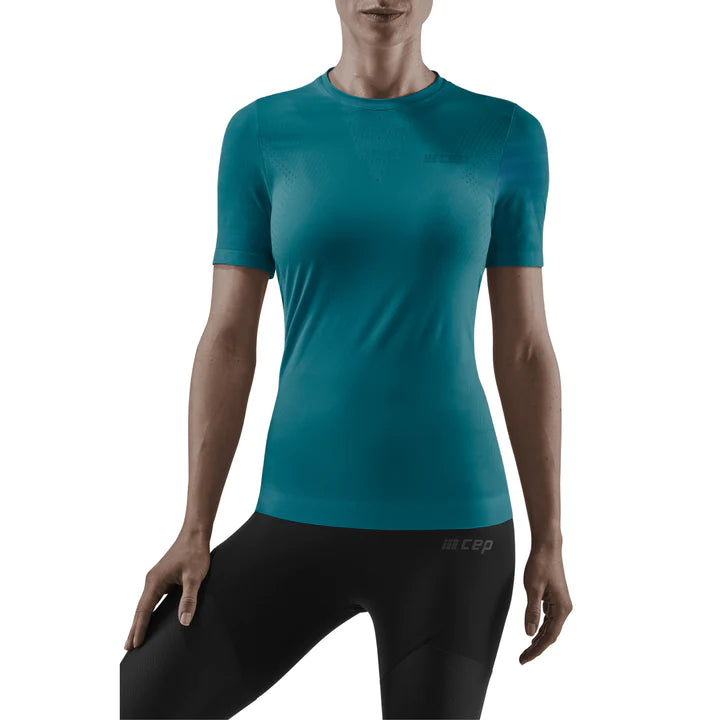 CEP Women's Run Ultralight Short Sleeve Shirt - Breathable Moisture-Wicking Running Top for Women in Petrol Blue - Perfect for Jogging, Gym Workouts & Outdoor Activities