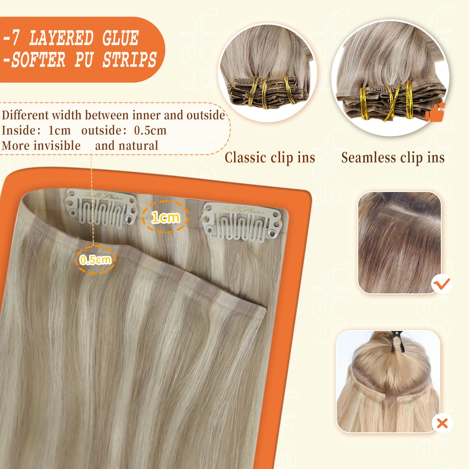 Ash Blonde Clip in Hair Extensions 16 Inch 8pcs 120g - 100% Real Human Hair with Thick Ends & Seamless Blonde Highlights | Perfect for Daily Styling, Parties & Special Occasions