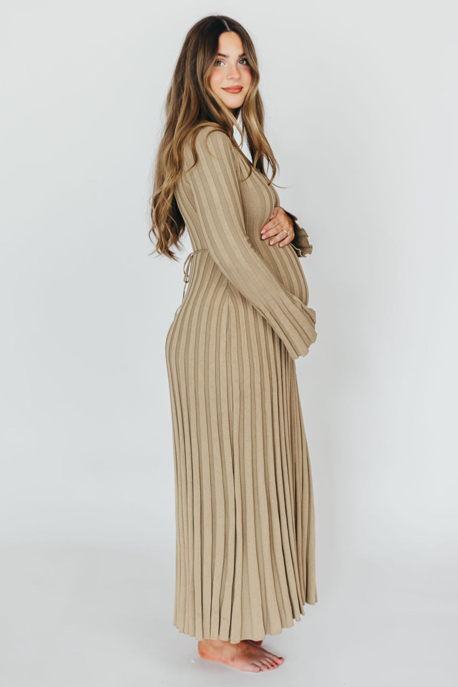 Hadley Long Sleeve V Neck Knit Maxi Dress for Women - Flowy Boho Chic Midi Dress in Dune Beige | Perfect for Fall, Winter, Date Night & Casual Outfits
