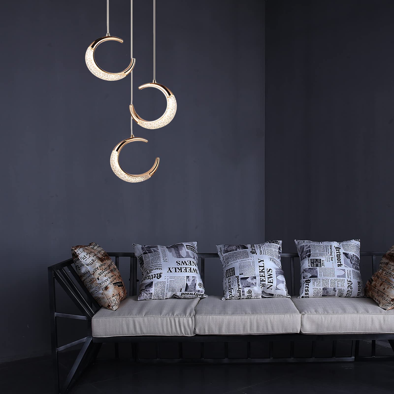 Modern LED Pendant Light Fixture with Crystal Acrylic Diffuser - Rose Gold Ceiling Hanging Lamp for Bedroom, Kitchen & Dining Room - 3-Light Crescent Chandelier - Perfect for Modern Home Decor, Apartment Lighting and Restaurant Ambiance