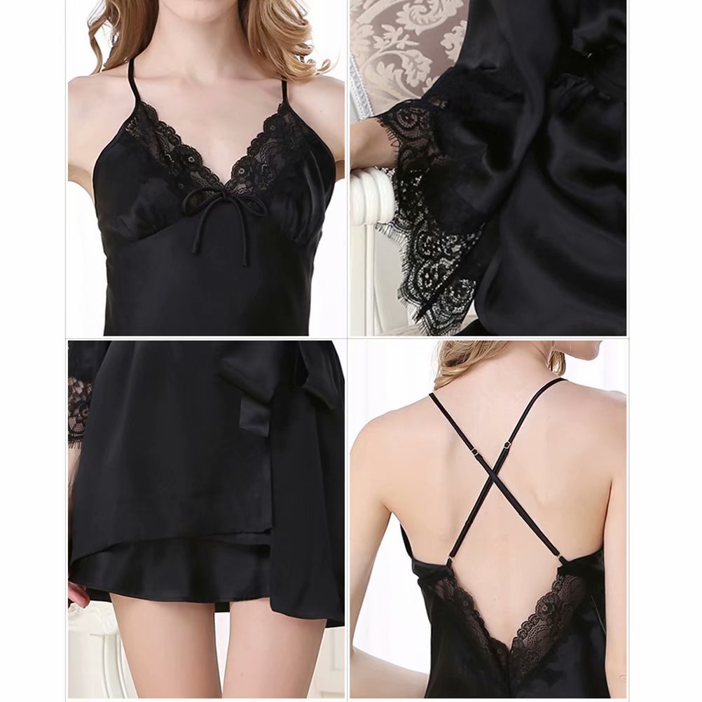 Women's 100% Silk Long Nightgown & Robe Set - Pink Lace Sleepwear for Summer | Comfortable & Sexy Pajamas for Relaxing at Home or Romantic Evenings