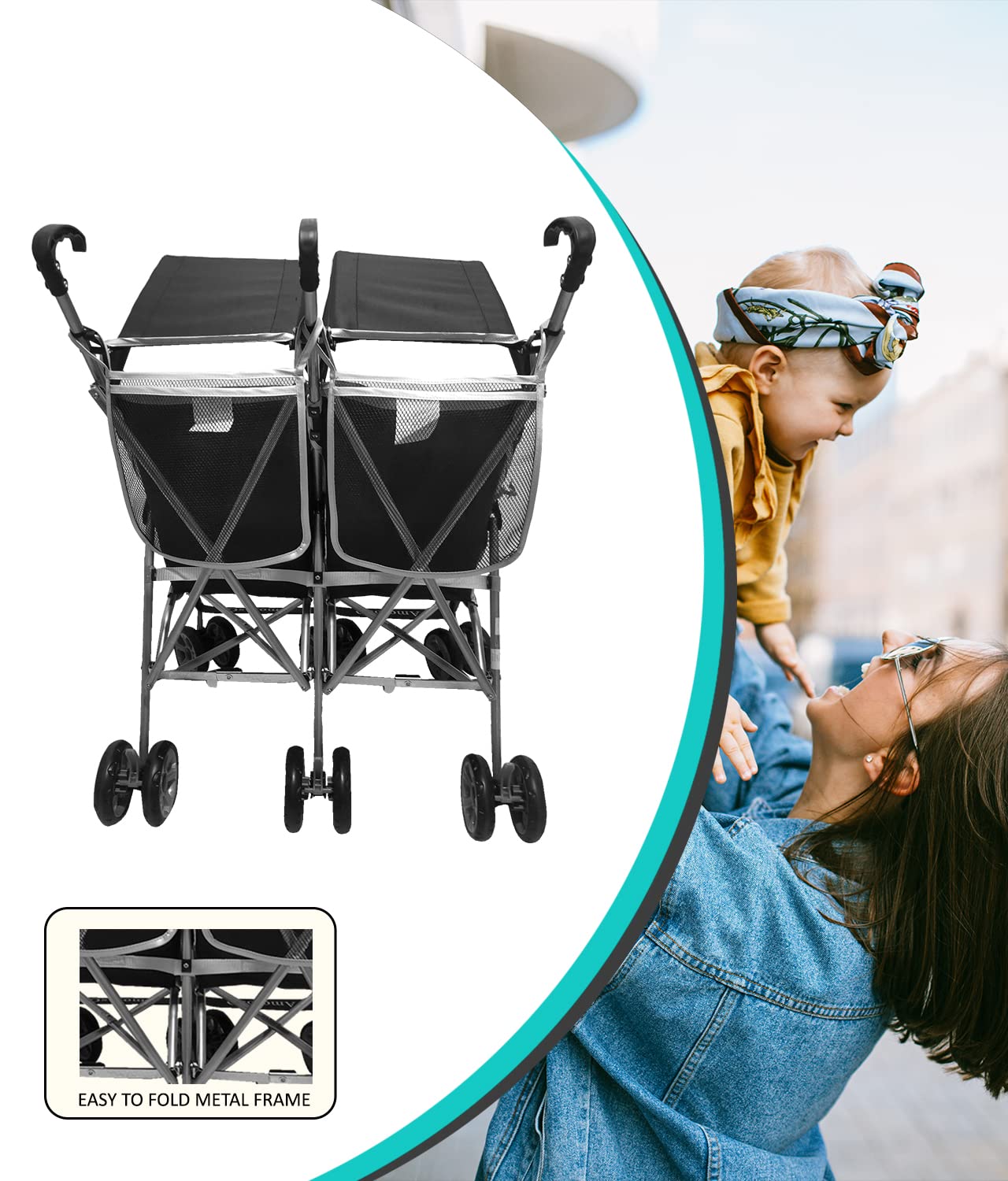AmorosO Twin Lightweight Umbrella Stroller for Toddlers - Easy to Clean 4-Wheel Baby Stroller with Extra Storage & Sun/Rain Protection - Compact Travel Stroller for Twins - Perfect for Shopping, Travel & Outdoor Walks - Black