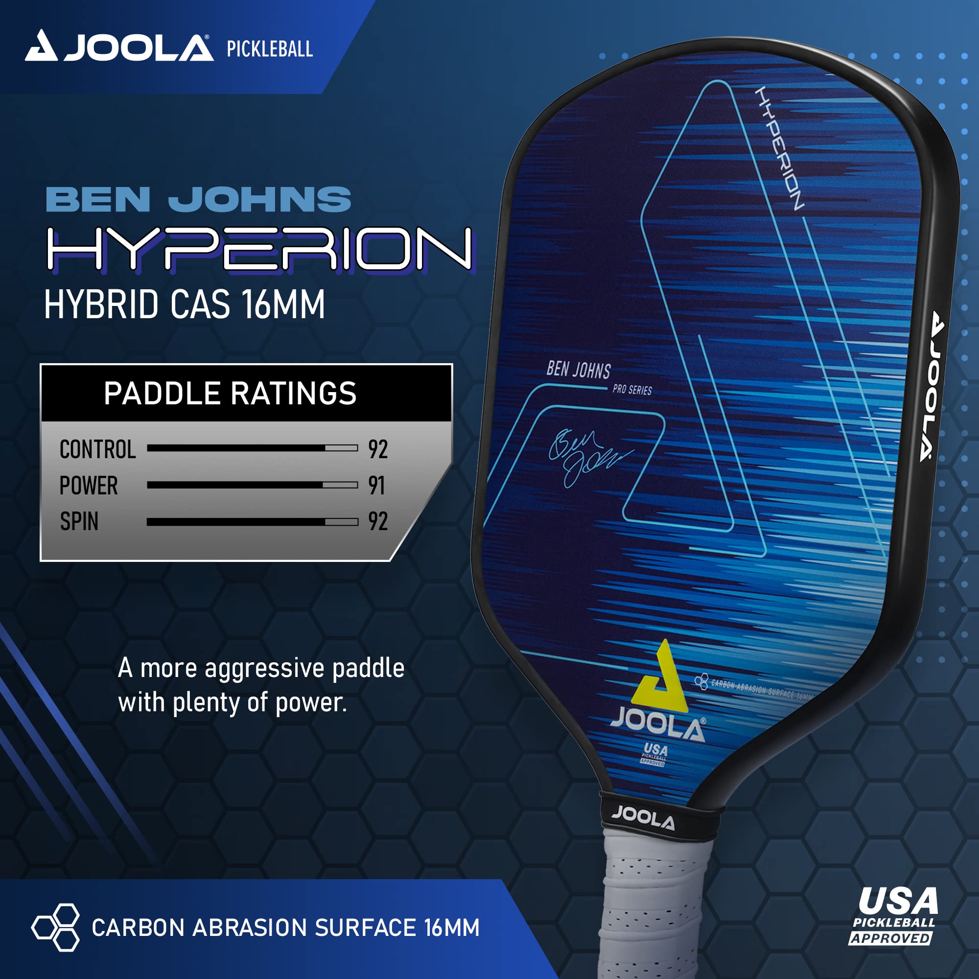 JOOLA Ben Johns Hyperion Pickleball Paddle - USAPA Approved Carbon Fiber Paddle with Honeycomb Polypropylene Core - Enhanced Power & Spin Control - Carbon Surface & Ergonomic Elongated Handle for Sure-Grip - Perfect for Competitive Play & Recreational Pickleball Games