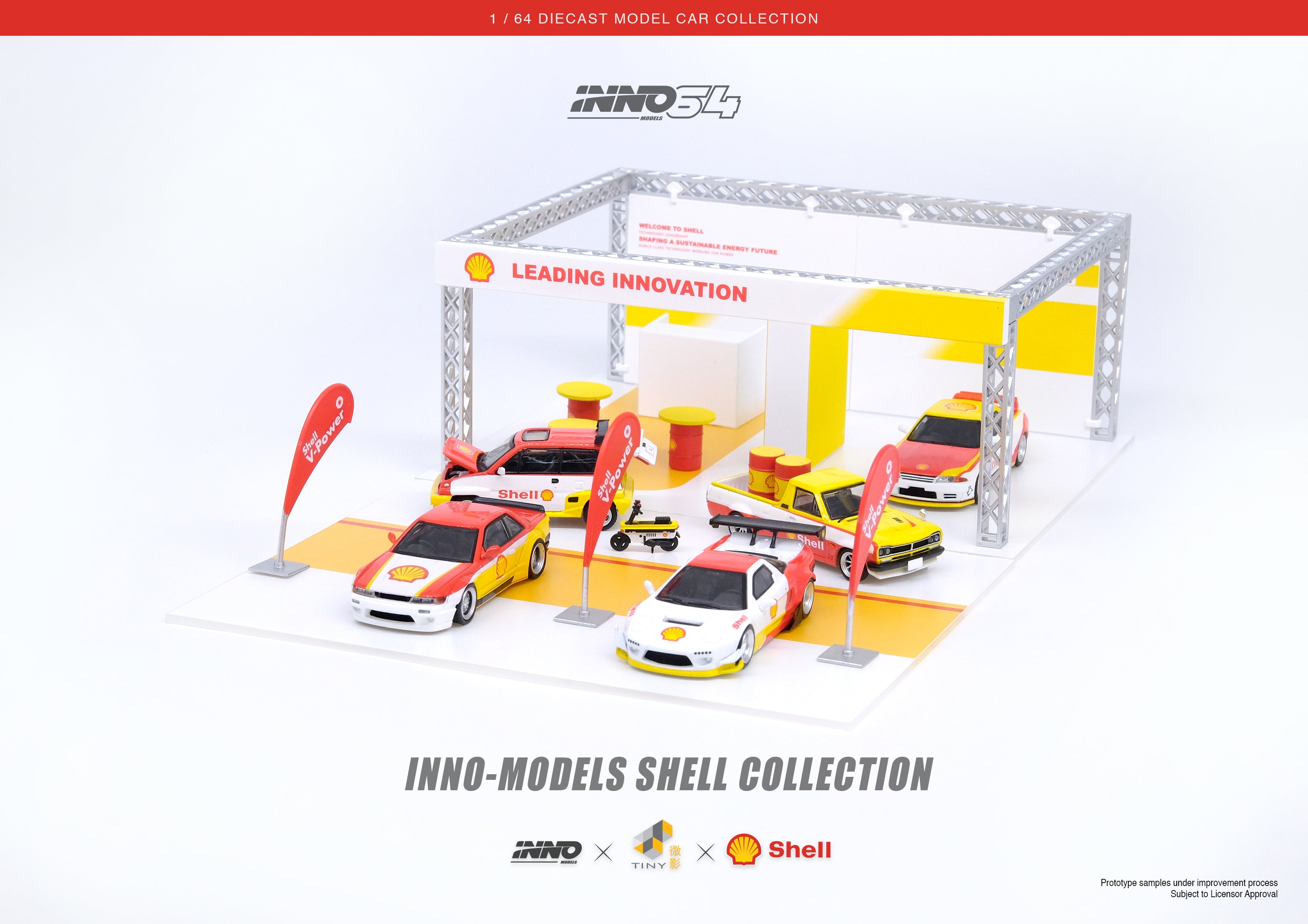 INNO64 1:64 Scale Shell Collection Kiosk & Diecast Model Cars Set - Perfect for Collectors, Display, and Diorama Scenes