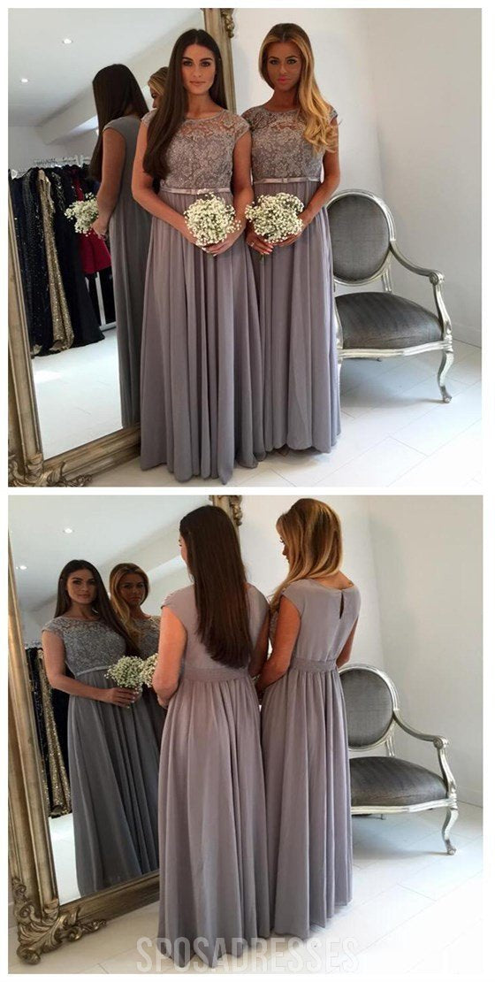 Elegant Modest Cap Sleeve Lace A-Line Grey Floor Length Chiffon Bridesmaid Dresses - WG44 | Perfect for Weddings, Formal Events & Special Occasions