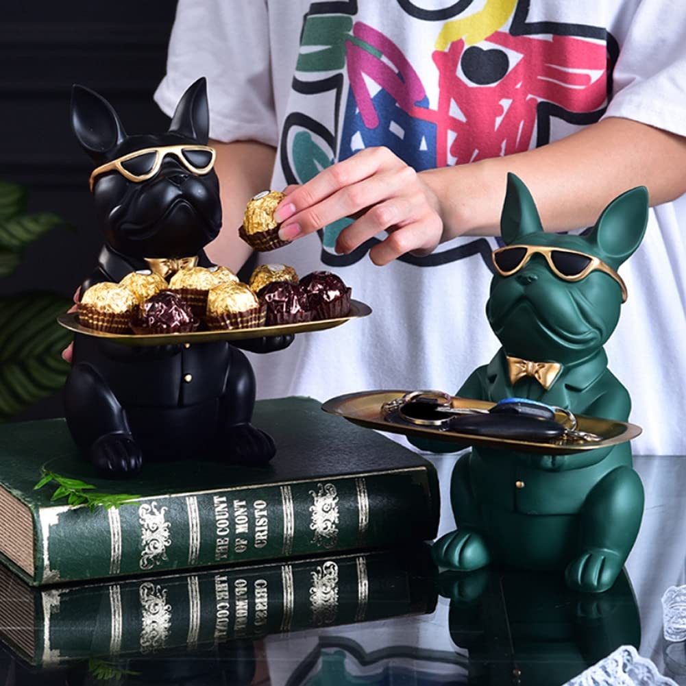 Modern Resin Bulldog Sculpture - Dog Figurine Storage Tray, Coin Bank & Home Decor Statue | Black Desktop Ornament for Office, Living Room & Gift Giving