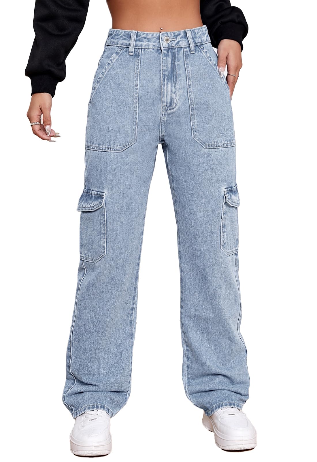 **Women's High Waisted Cargo Jeans - Stretchy Wide Leg Denim Pants for Casual & Streetwear | Trendy Fashion for Everyday Wear, Work & Outings**