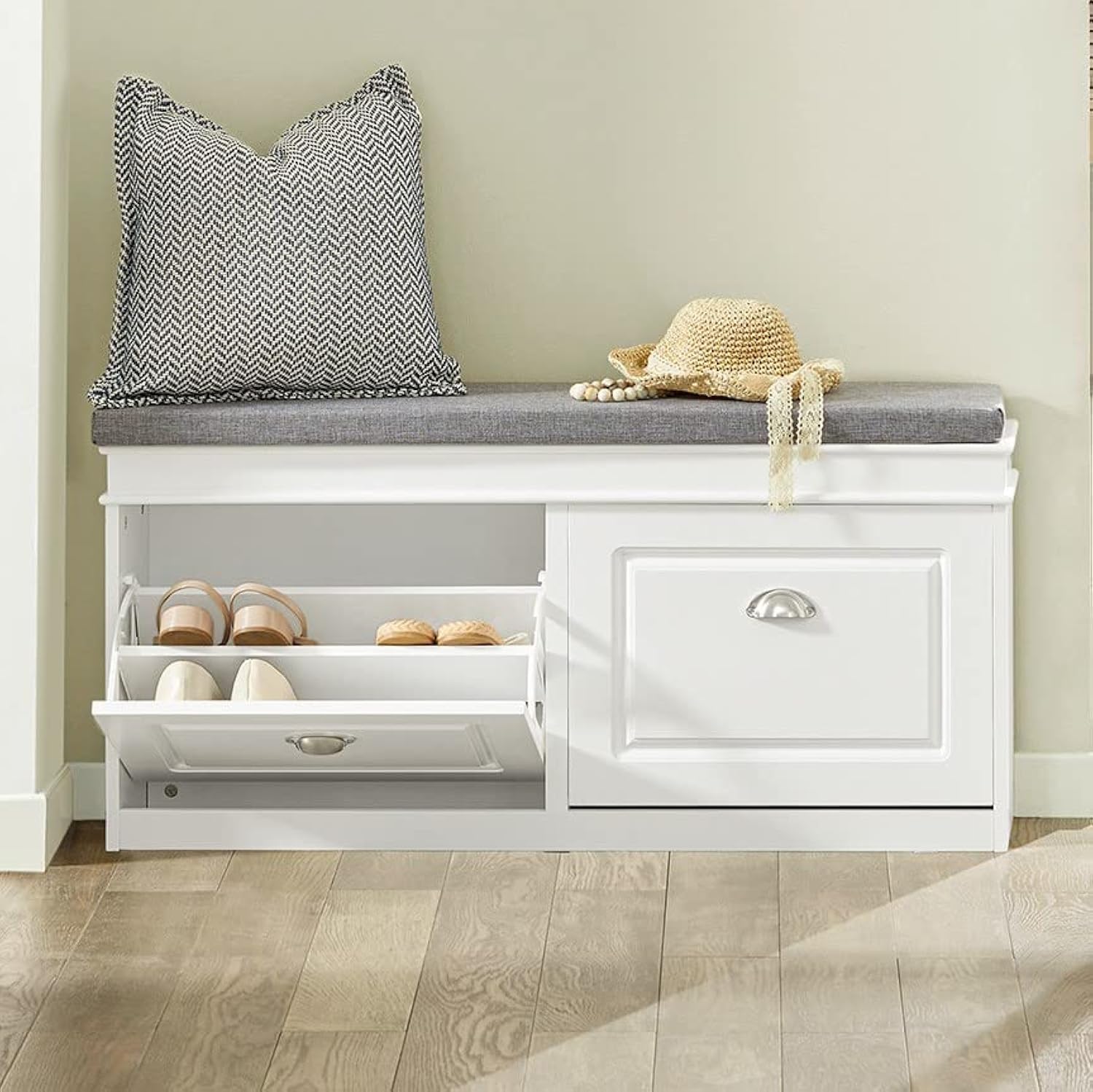 Modern White Shoe Storage Bench with 2 Flip Drawers & Cushion - Entryway Shoe Cabinet Organizer for Hallway, Living Room & Bedroom - FSR64-W