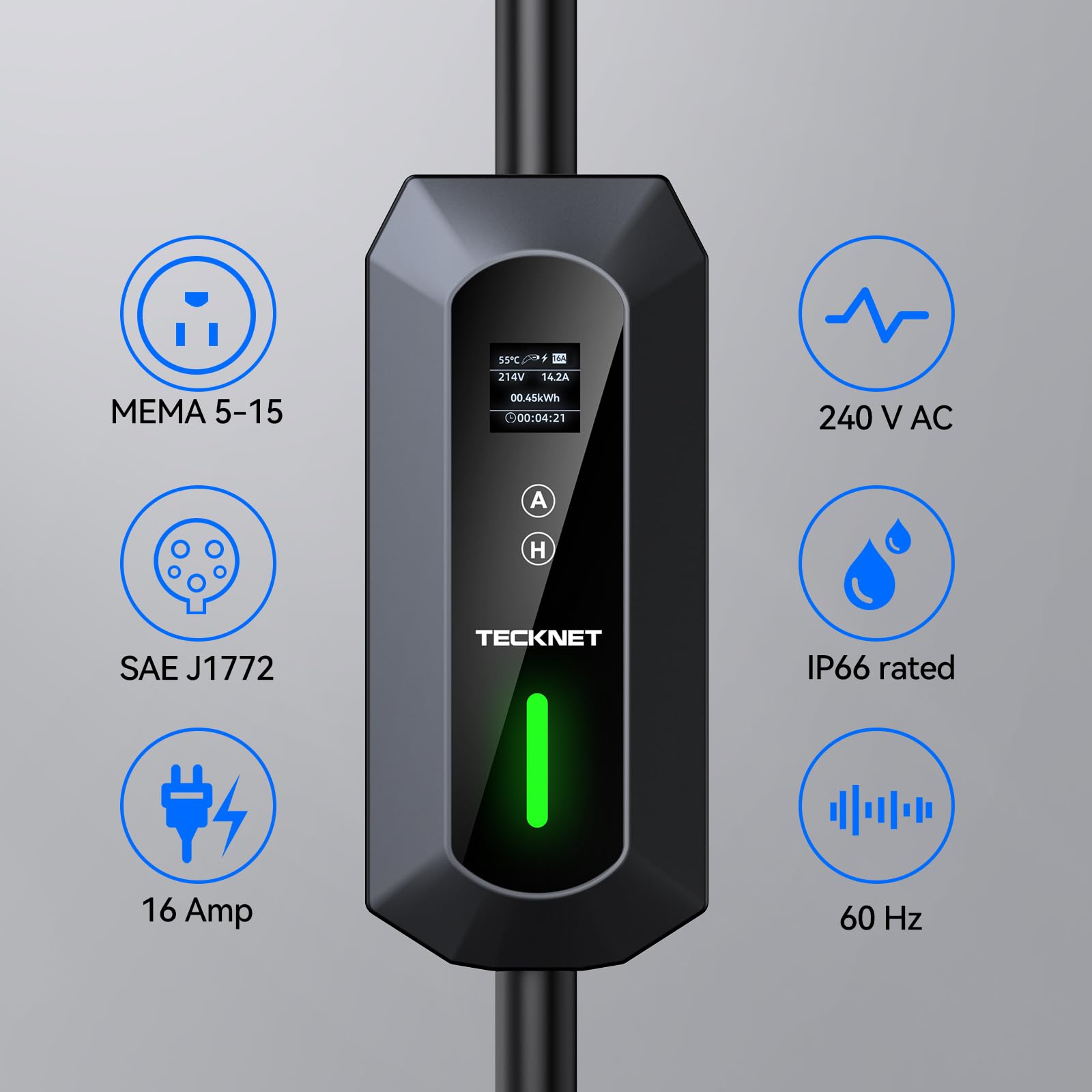 TECKNET Level 1 & 2 EV Charger - 16A Electric Vehicle Charging Station with 25FT Cable, NEMA 6-20 Plug & 5-15 Adapter, J1772 Connector for All EV Models - Perfect for Home, Office & Road Trip Charging