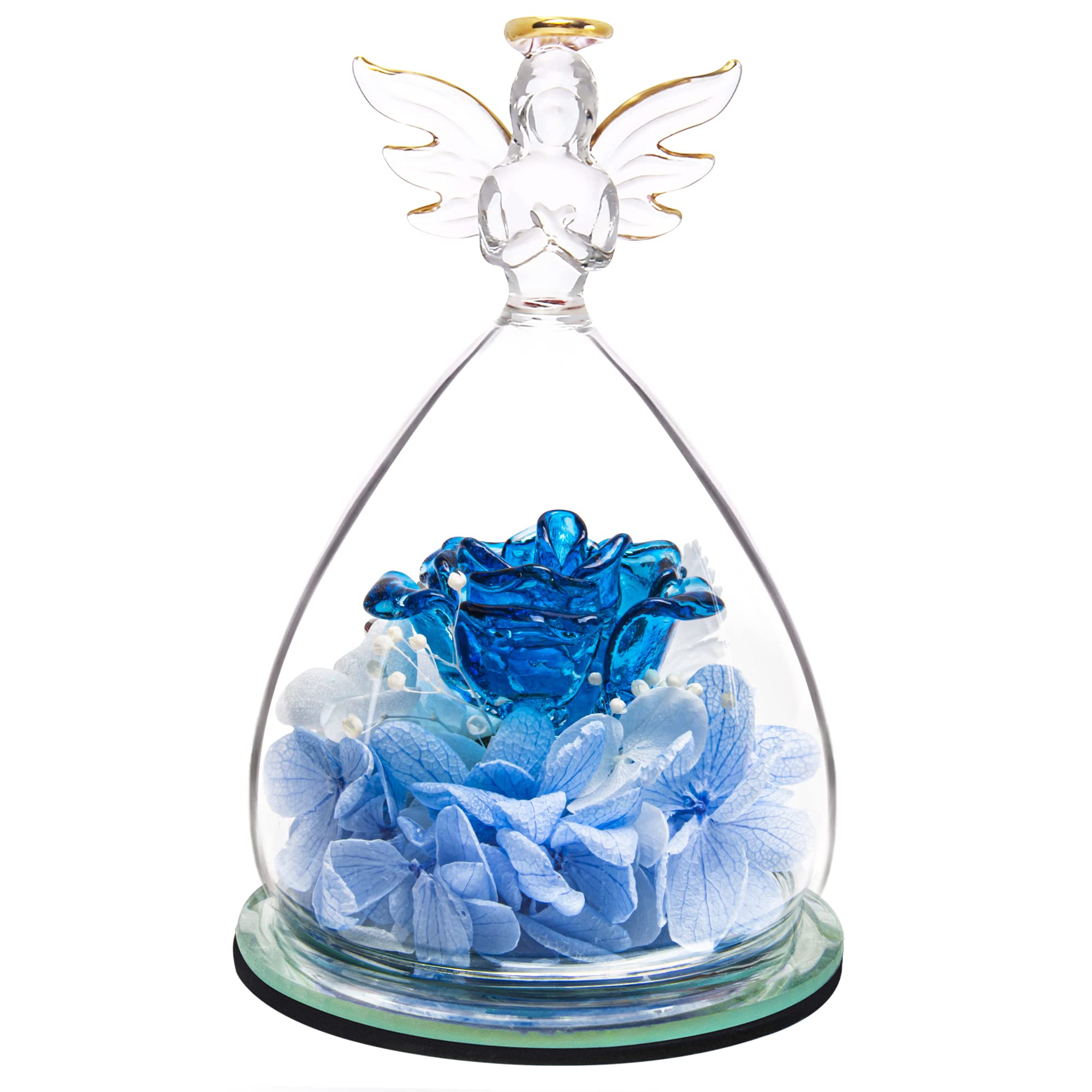 Handmade Glass Rose Flower Gift with Angel Figurine - Preserved Rose in Glass Dome - Unique Home & Office Decor for Women - Perfect Gift for Mom, Wife, Valentine's Day - Blue Angel Statue for Romantic Decorations, Wedding Centerpiece, Birthday Present