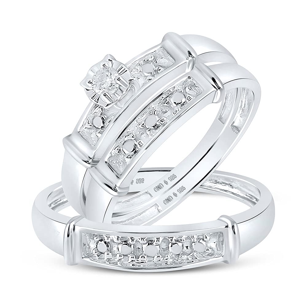 His & Hers Sterling Silver Round Diamond Solitaire Matching Wedding Band Set - 1/12 Cttw - Perfect for Bridal, Engagement, Anniversary & Couple's Jewelry Gifts