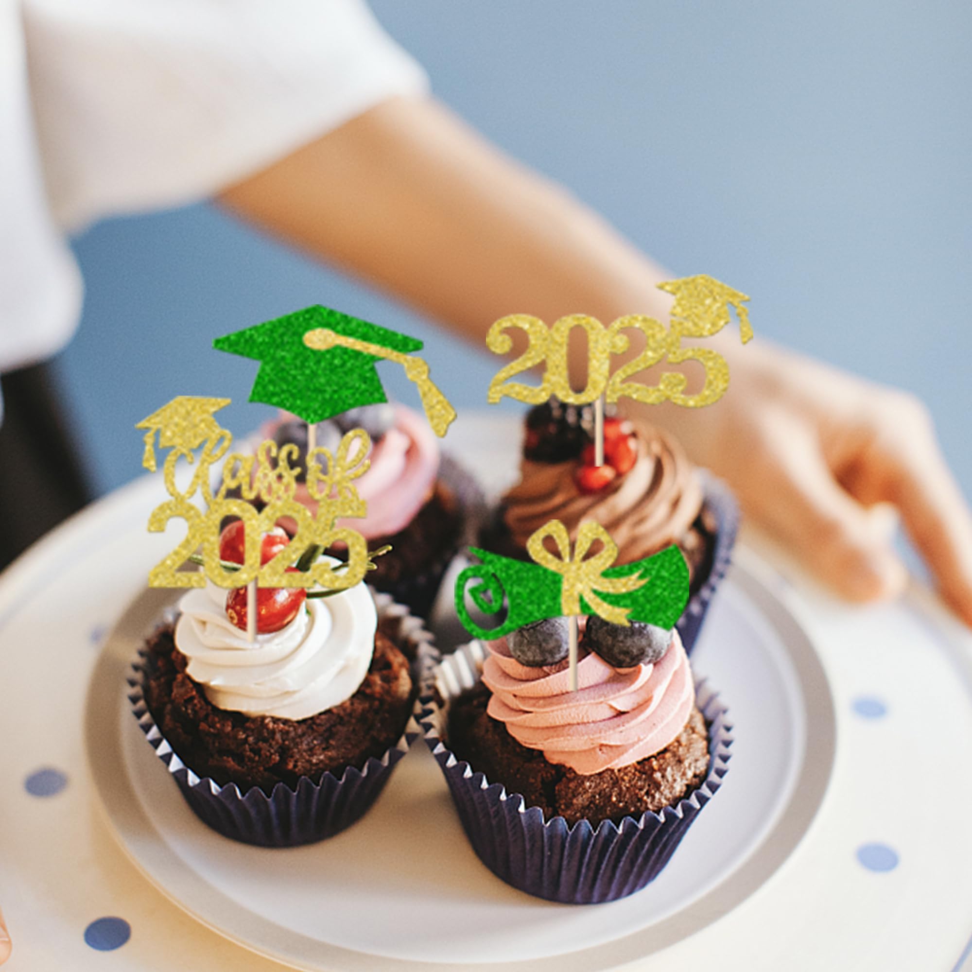 Rsstarxi 36 Pack Class of 2025 Graduation Cupcake Toppers - Glitter Graduation Cap & Diploma Cake Decorations in Green & Gold - Perfect for Graduation Parties, School Celebrations & Dessert Table Decor