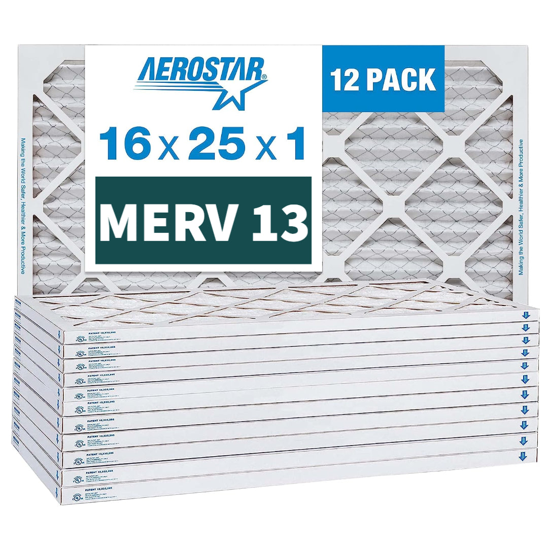 Aerostar 16x25x1 MERV 13 Pleated HVAC Air Filters - Case of 12 - Perfect for Home Furnace, AC Units & Air Purifiers - Traps Dust, Pollen & Allergens