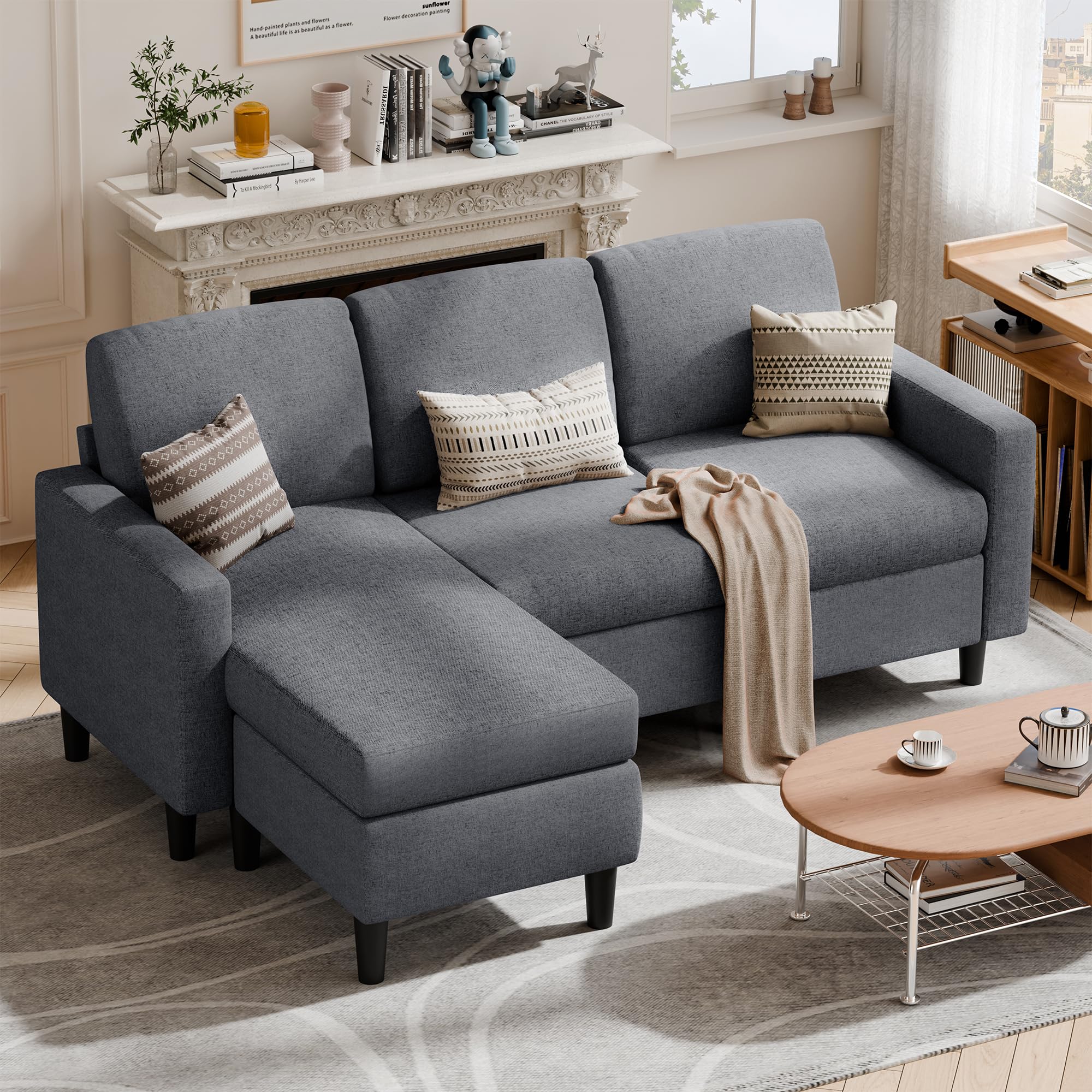 Modern L-Shaped Sectional Sofa with Reversible Chaise - Convertible Linen Fabric Couch for Small Spaces & Living Rooms (Dark Grey) | Perfect for Apartments, Condos & Cozy Home Decor