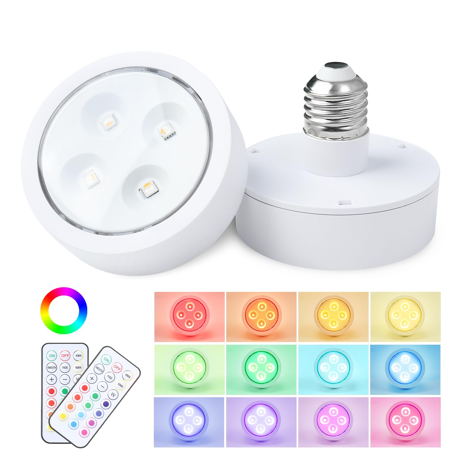 2 Pack Battery Operated LED Light Bulbs - Dimmable E26 Base, 13 Color RGB Changing Puck Lights with Remote Control & Memory Function - Perfect for Non-Electric Chandeliers, Wall Sconces, Closets, Camping & Emergency Lighting