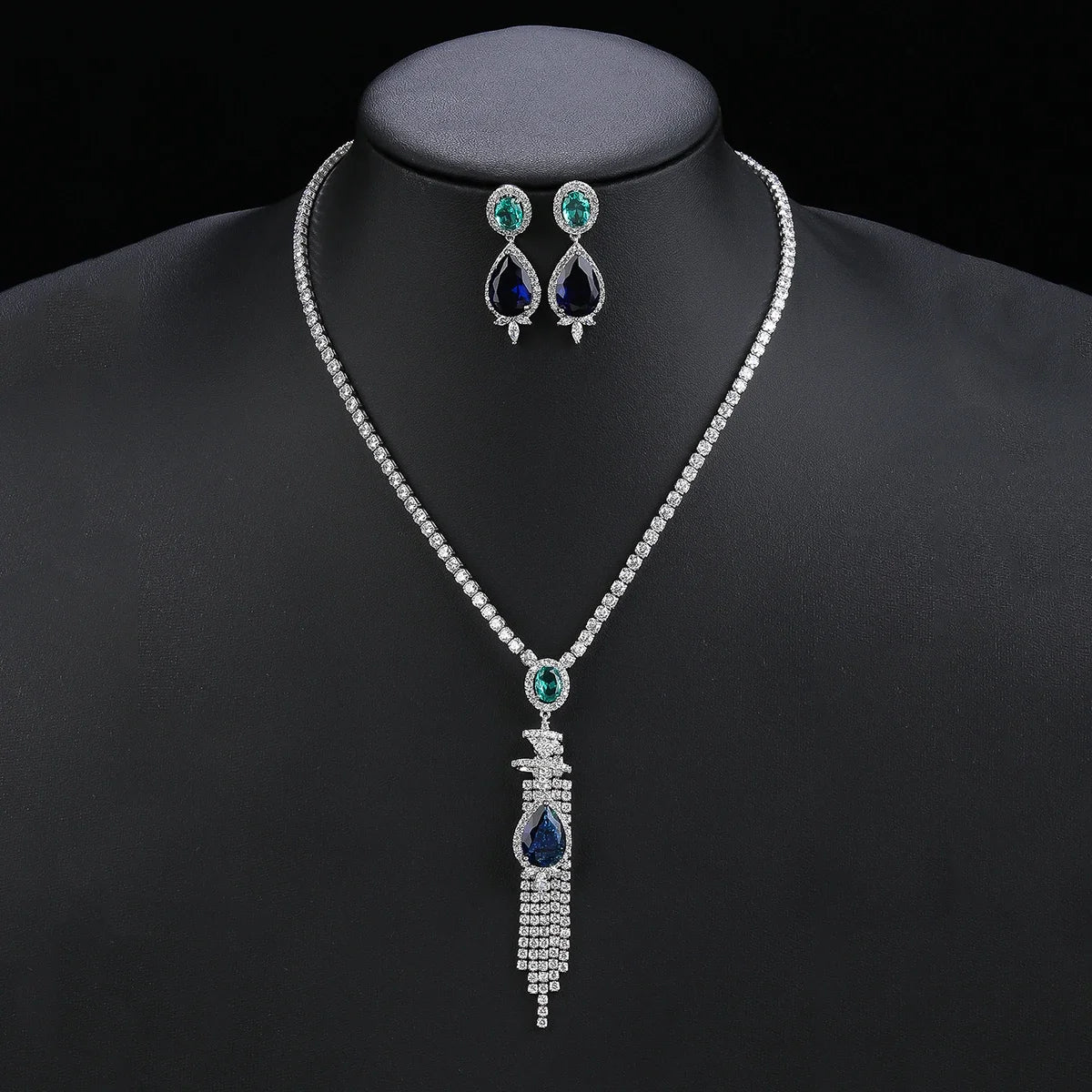Elegant CZ Cubic Zirconia Long Tassel Pendant Necklace & Earrings Set for Women - Bridal Wedding Jewelry Gift Set (CN11008) | Perfect for Weddings, Anniversaries and Special Occasions