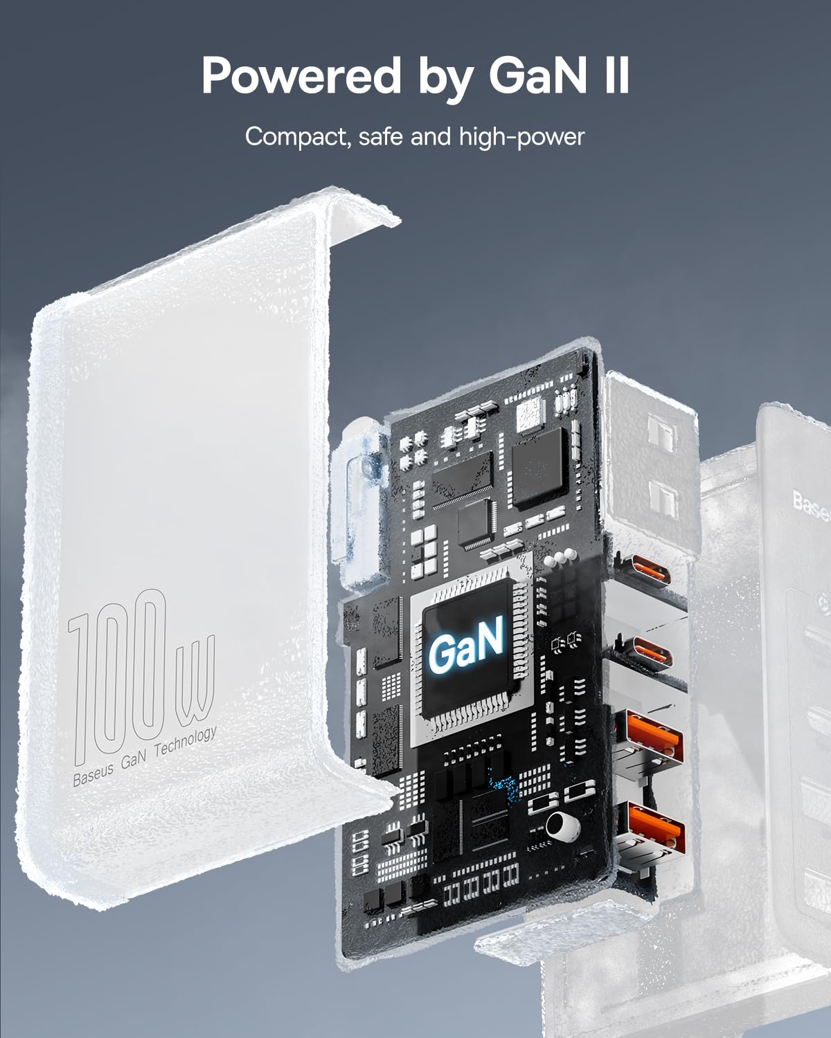 Baseus 100W 4-Port GaN II Fast Charger - USB C Wall Charger for iPhone 15/14/13/12/11, Galaxy, MacBook Pro/Air, iPad, Laptops - Compact & Powerful Charging Block for Home, Office & Travel (White)
