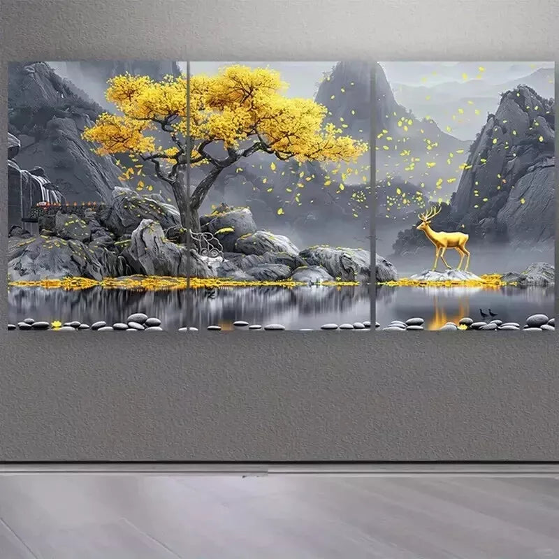 3-Piece Gray Background with Yellow Tree and Deer Wall Art Set - 50x70cm Framed Canvas - High Quality Print - 100% Australian Made - Ready to Hang - Perfect for Living Room, Bedroom & Office Decor