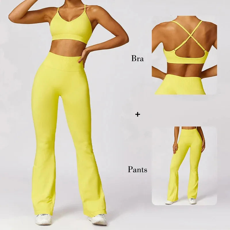 2 Pcs Women's Workout Set - Flared Yoga Pants & Long Sleeve Top - Quick Dry Gym Clothes for Women - Perfect for Yoga, Pilates & Fitness Training