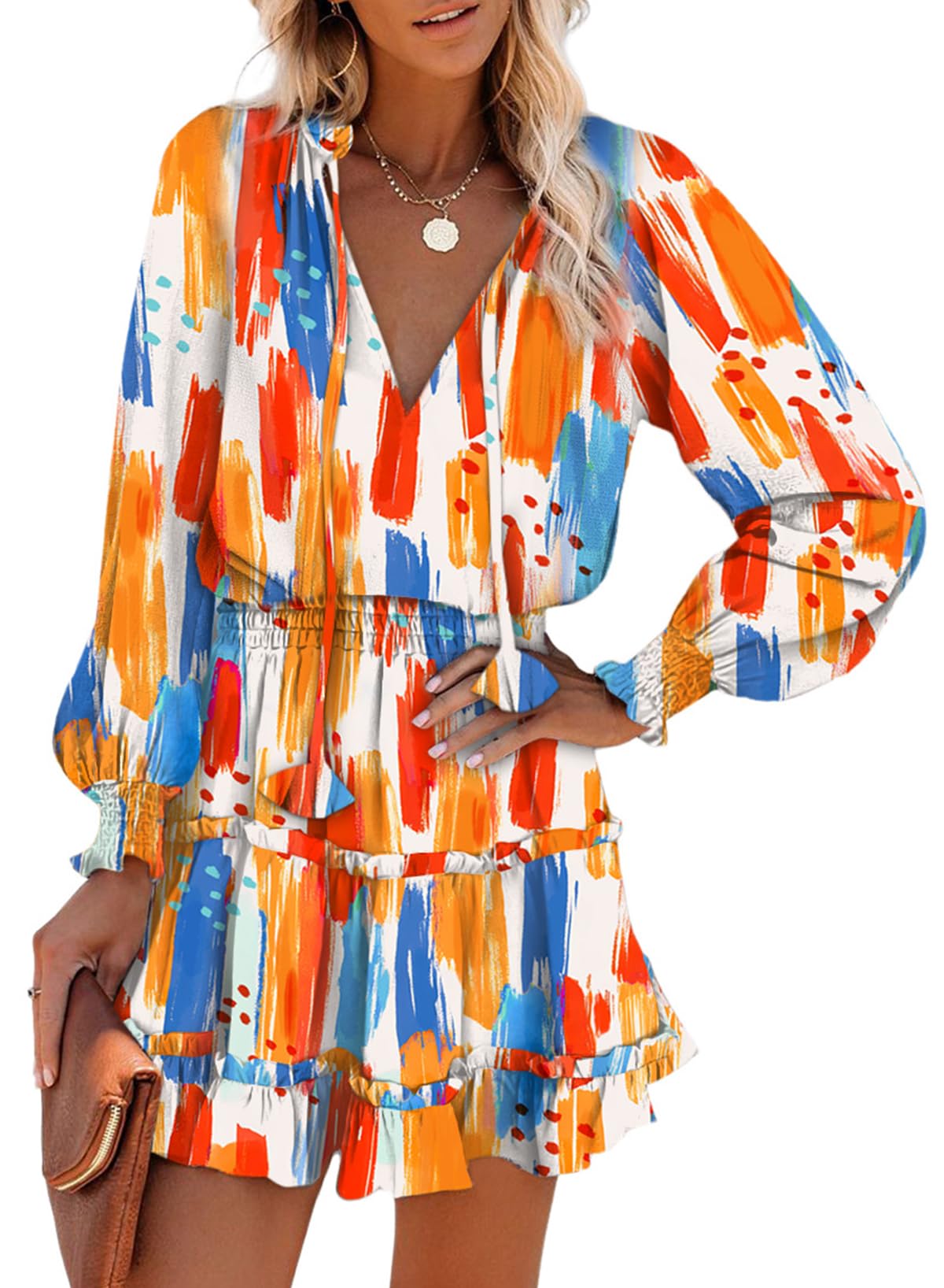 2025 Boho Floral Print Chiffon Mini Dress - Dokotoo Women's Smocked V-Neck Long Sleeve Tiered Ruffle Dress with Drawstring Waist | Perfect for Spring Weddings, Garden Parties & Date Nights