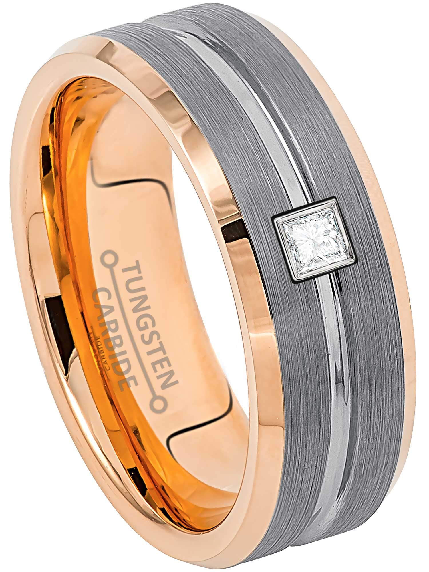 0.05ctw - 0.10ctw Princess Cut Diamond Tungsten Ring for Men | Two-Tone Rose Gold Grooved Wedding Band | April Birthstone Jewelry | Perfect for Anniversary, Engagement & Everyday Wear