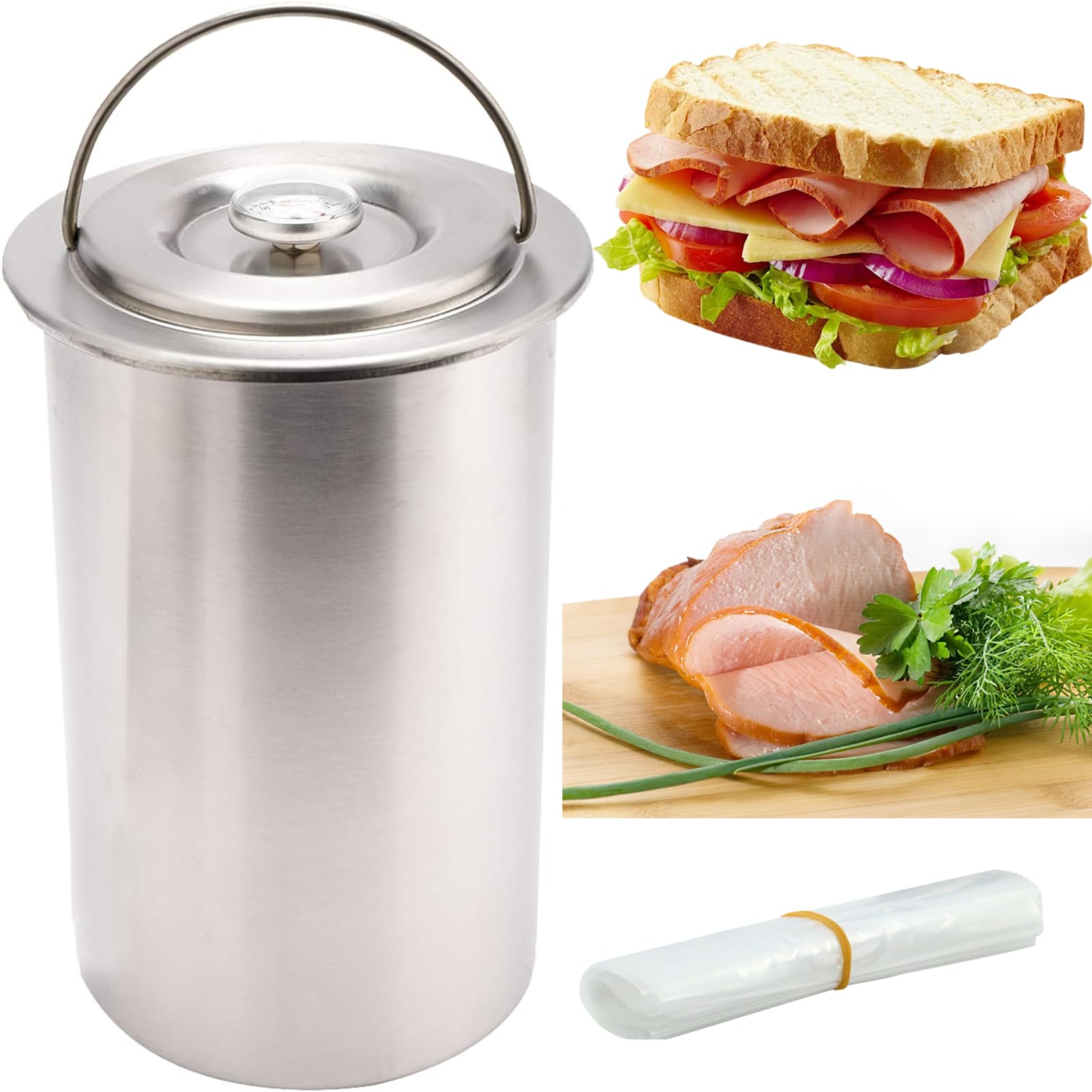 Stainless Steel Ham Maker & Meat Press with Thermometer - Healthy Homemade Deli Meat Maker Kit Includes 20 Cooking Bags - Perfect for Sausage, Bacon & Sandwich Meat Preparation at Home