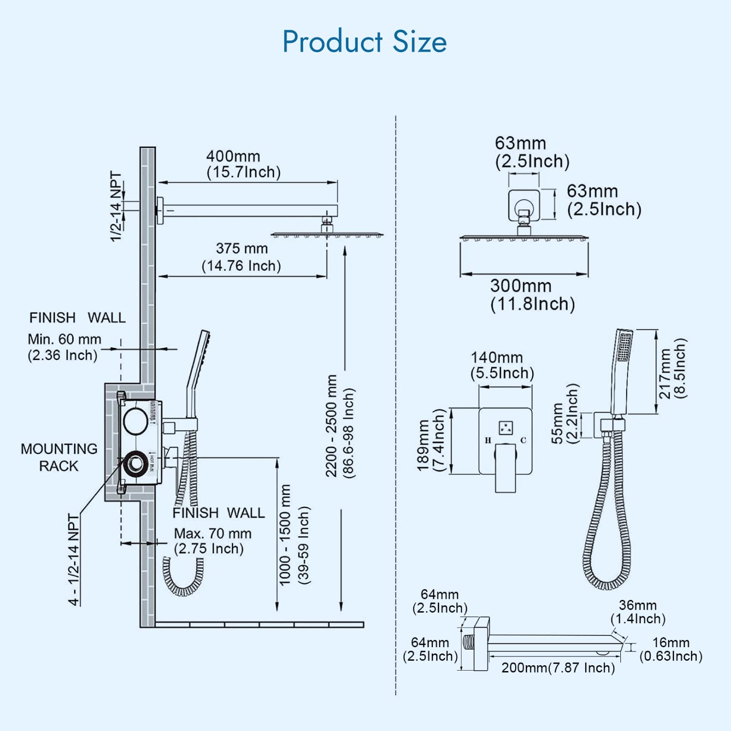 Brushed Nickel Wall Mount Shower System - 3 Function Mixer Shower Combo Kit with 12 Inch Rainfall Shower Head, Handheld Spray & Bathtub Spout | Luxury Rough-in Valve | Perfect for Bathroom Renovation & Spa-Like Shower Experience