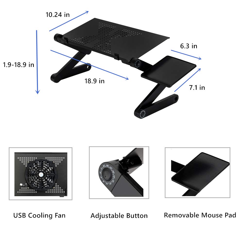 Ergonomic 360° Adjustable Laptop Stand with Cooling Fan & Mouse Pad, Portable Aluminum Folding Bed Tray for Sofa, Couch, Home, Office - Perfect for Remote Work, Gaming, and Study (Black)