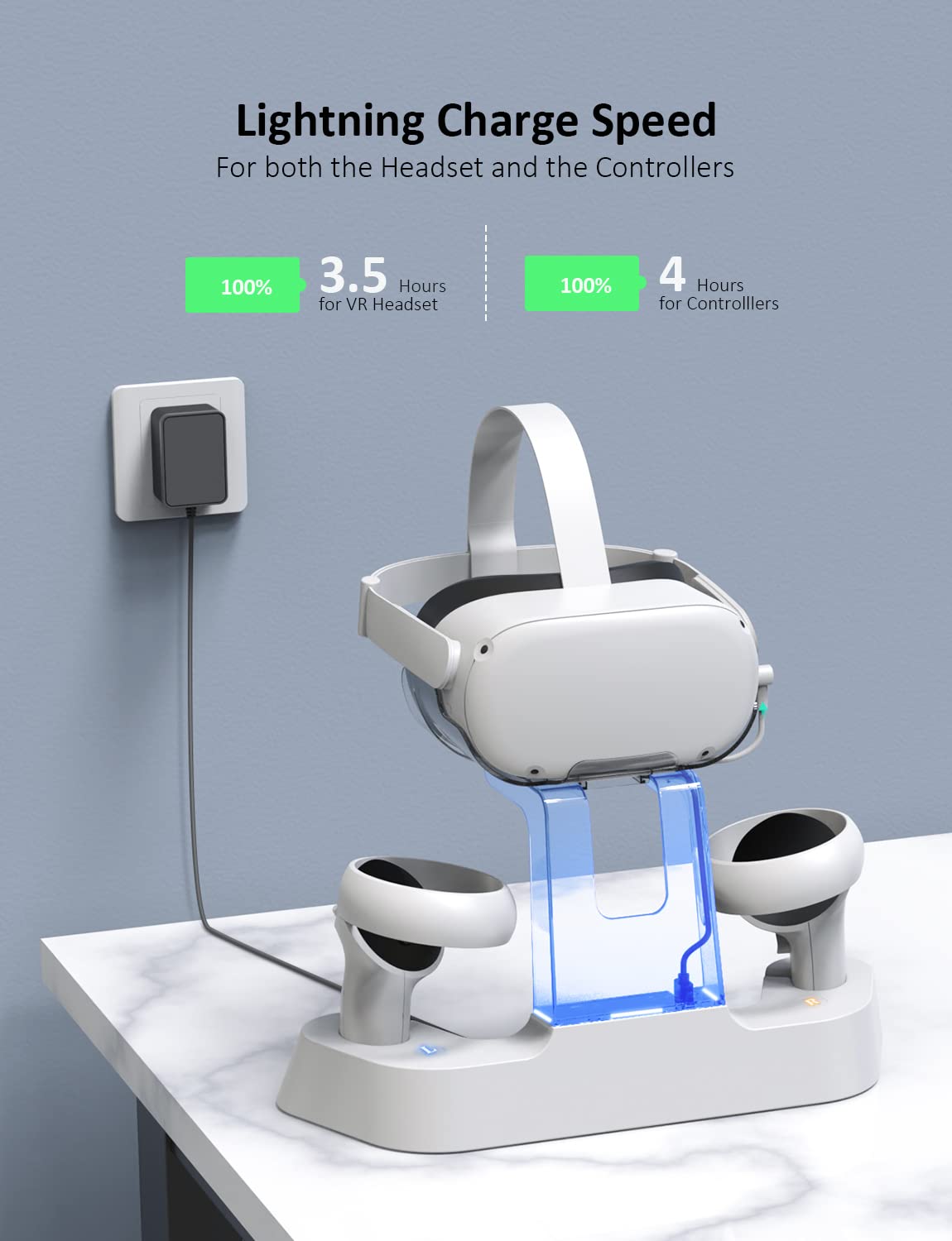NexiGo Enhanced Charging Dock with LED Light for Oculus/Meta Quest 2 VR Headset - Compatible with Elite Strap with Battery, Includes Headset Stand, Controller Mount & 2 Rechargeable Batteries (White) - Perfect for VR Gaming Setup & Organized Storage