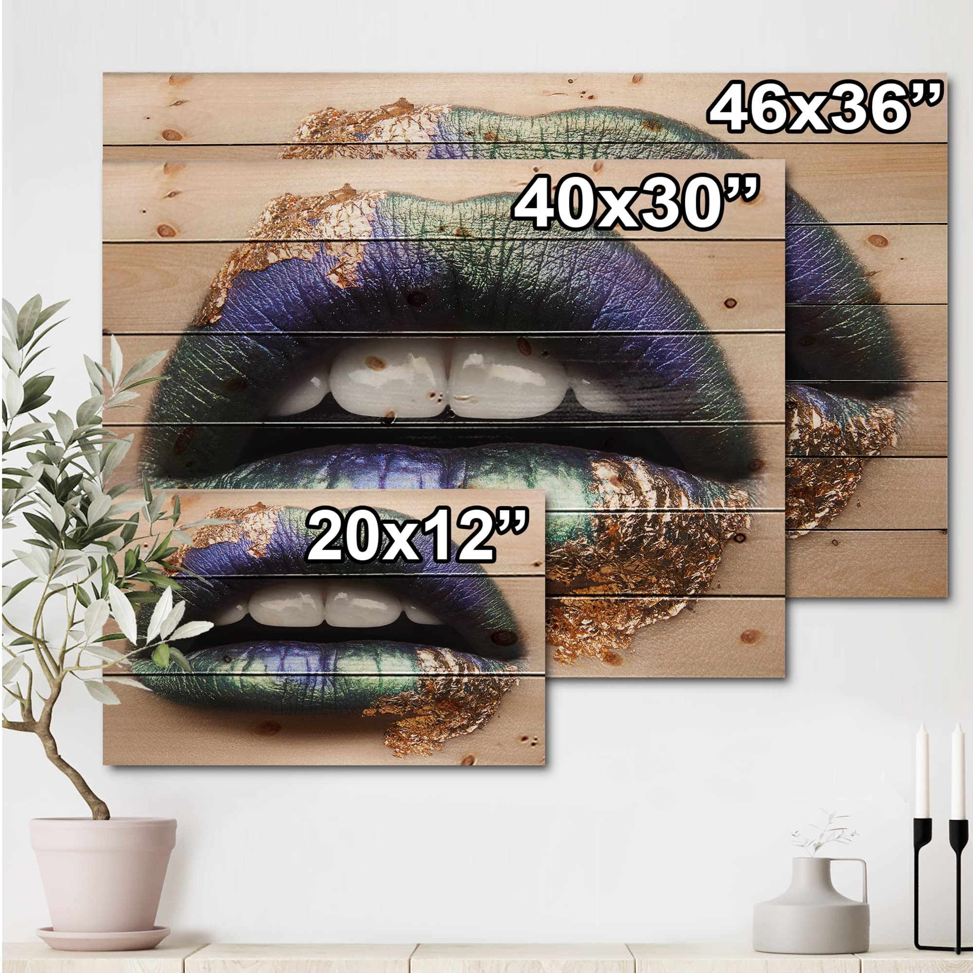 DesignQ Modern Green Lipstick & Teeth Wood Wall Art - Contemporary Female Lips Wall Decor, Large Pine Wood Panel Print - Perfect for Living Room, Bedroom & Office Decor
