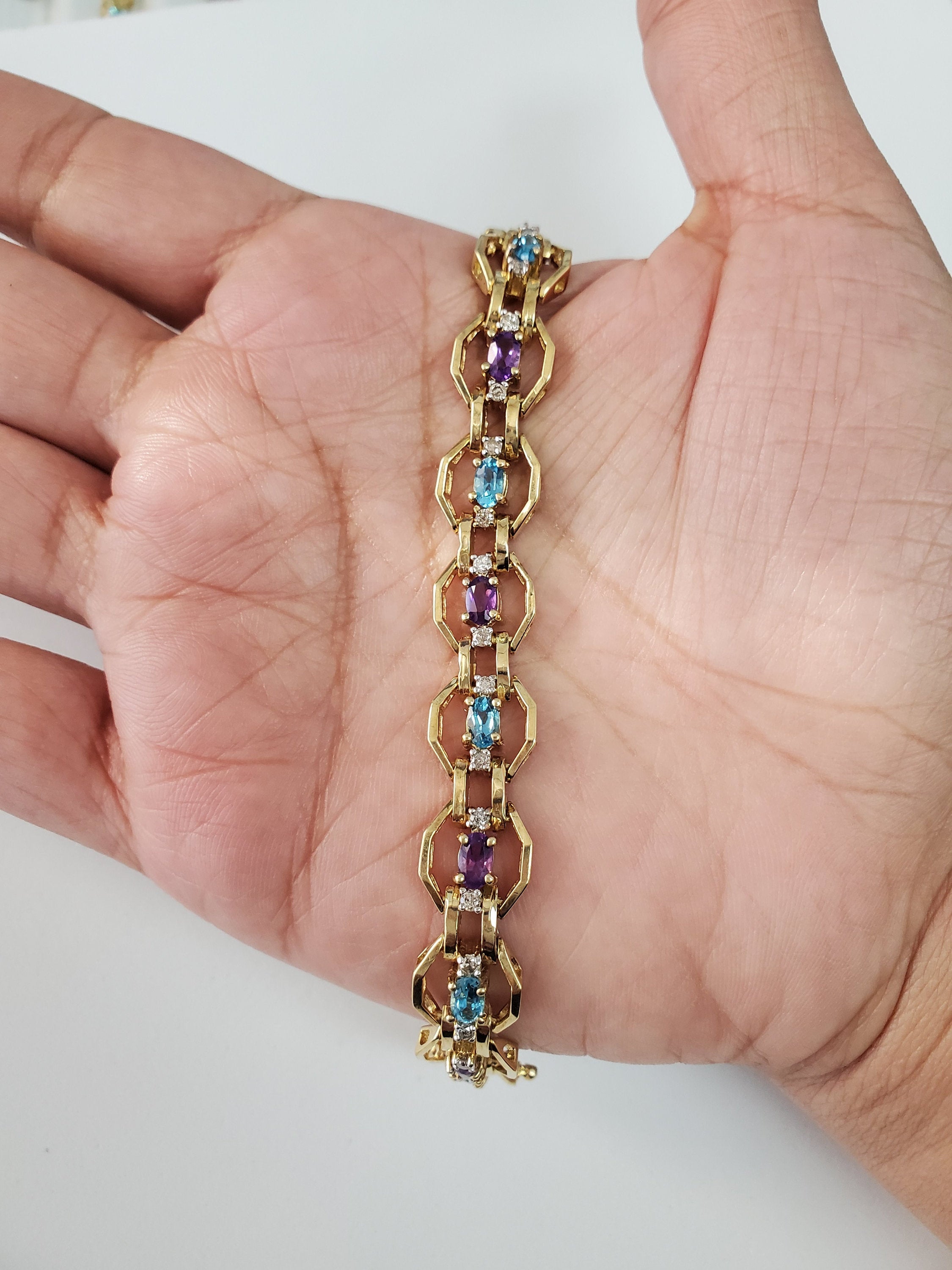 Exquisite Diamond, Amethyst & Blue Topaz Tennis Bracelet for Women | Elegant 14K Gold Jewelry Gift for Anniversary, Birthday & Special Occasions | Perfect for Parties, Weddings & Formal Events