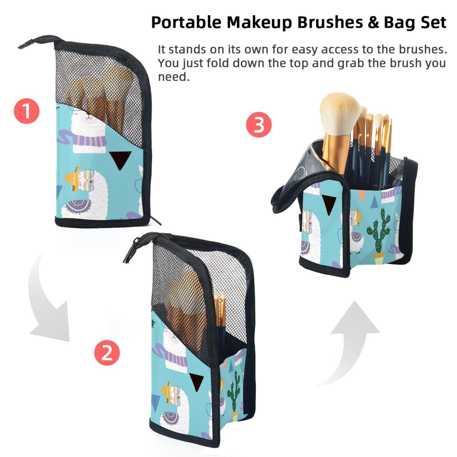 Portable Makeup Brush Organizer Bag with 12 Slots - Cactus & Alpaca Design Travel Cosmetic Brush Holder Case for Makeup Artists & On-the-Go Beauty Essentials