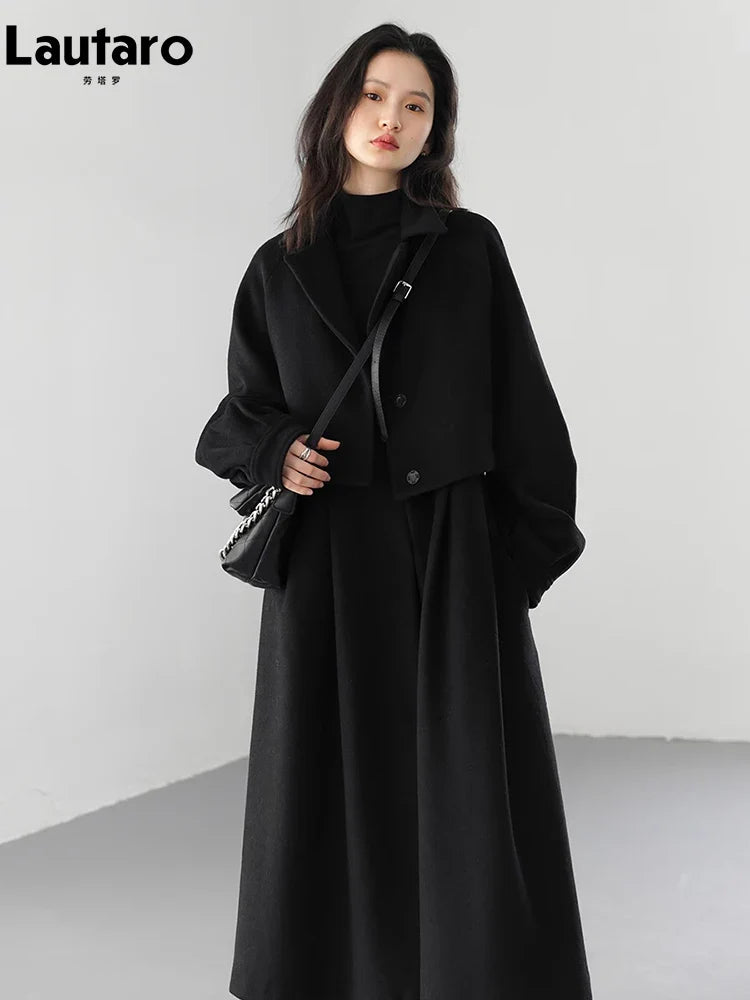 Luxury Vintage Black Wool Coat for Women - Warm Thick Winter Long Flowy Designer Coat - 2 Piece Outfit Set 2023 | Perfect for Fall & Winter Fashion, Office Wear & Holiday Outfits