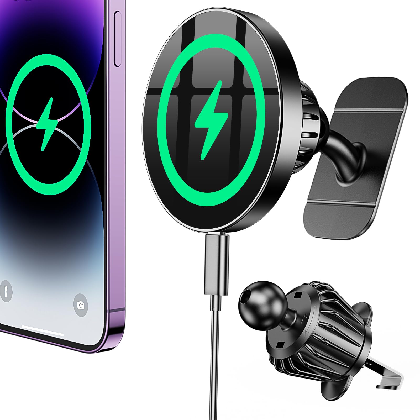 Magnetic Wireless Car Charger Mount for iPhone 16 Pro Max/15/14/13/12 - Strong MagSafe Holder with Dashboard & Vent Mount - Fast Charging Phone Stand for Driving, Commuting & Road Trips