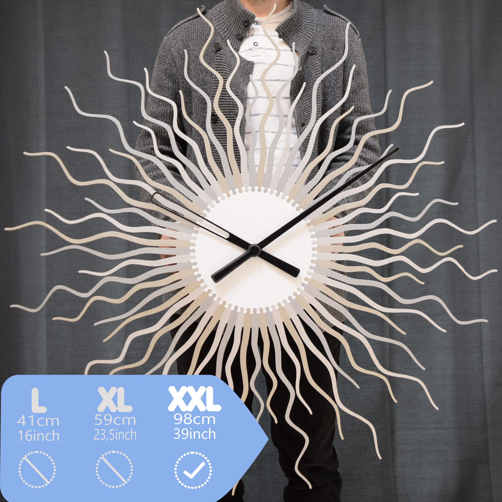 Medusa Silver XXL - 39 Inch Large Sunburst Wall Clock, Modern Starburst Wall Decor, Contemporary Silver Metal Clock for Living Room, Bedroom, Office & Home Decor