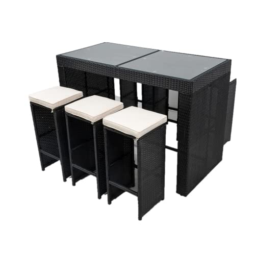 7-Piece Patio Rattan Wicker Outdoor Bar Set with 6 Stools, Removable Cushions & Tempered Glass Top - Perfect for Backyard, Garden, Poolside & Outdoor Entertaining