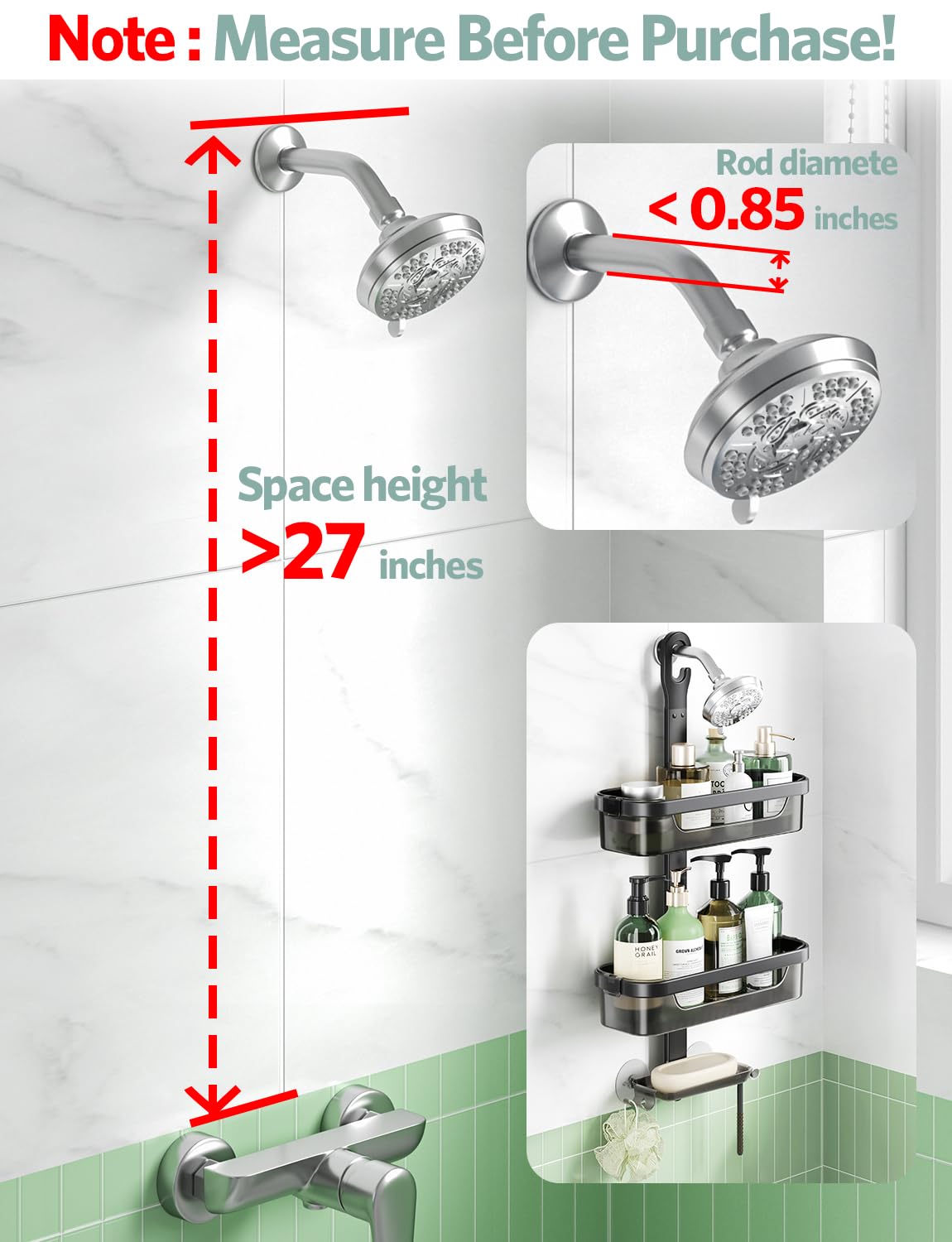 LAMU Adjustable Shower Caddy Organizer - 3-Tier Rustproof Aluminum Alloy + ABS Hanging Storage with Hooks, Razor Holder & Soap Dish (Black) - Perfect for Bathroom Organization & Small Space Storage